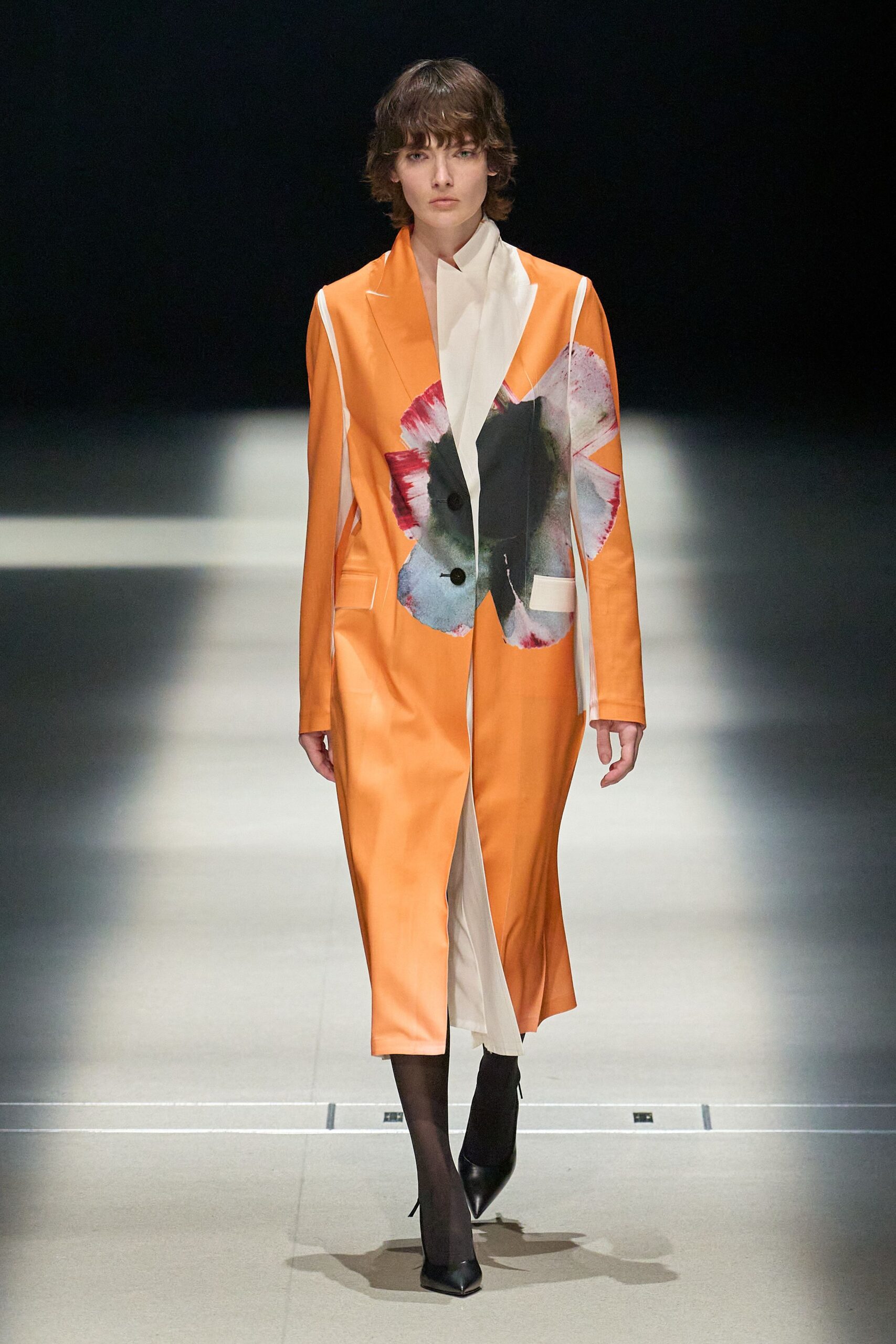 orange leather long-sleeve collared fitted printed coat