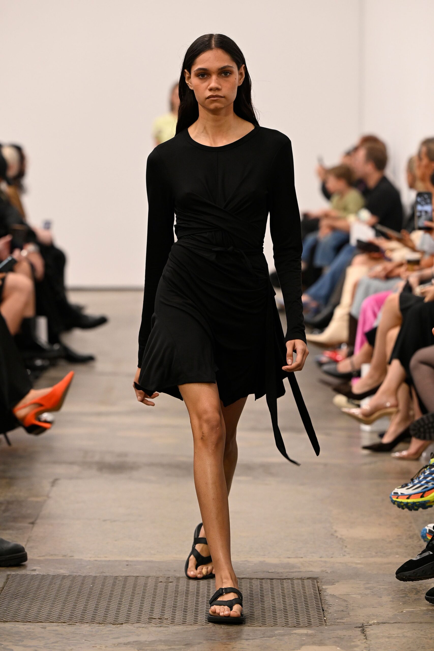 black fitted mini dress with sandals
