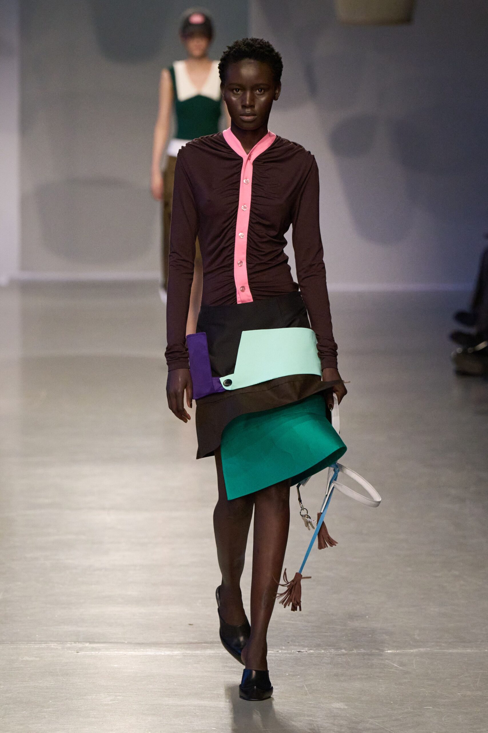 fitted brown shirt with asymmetric skirt
