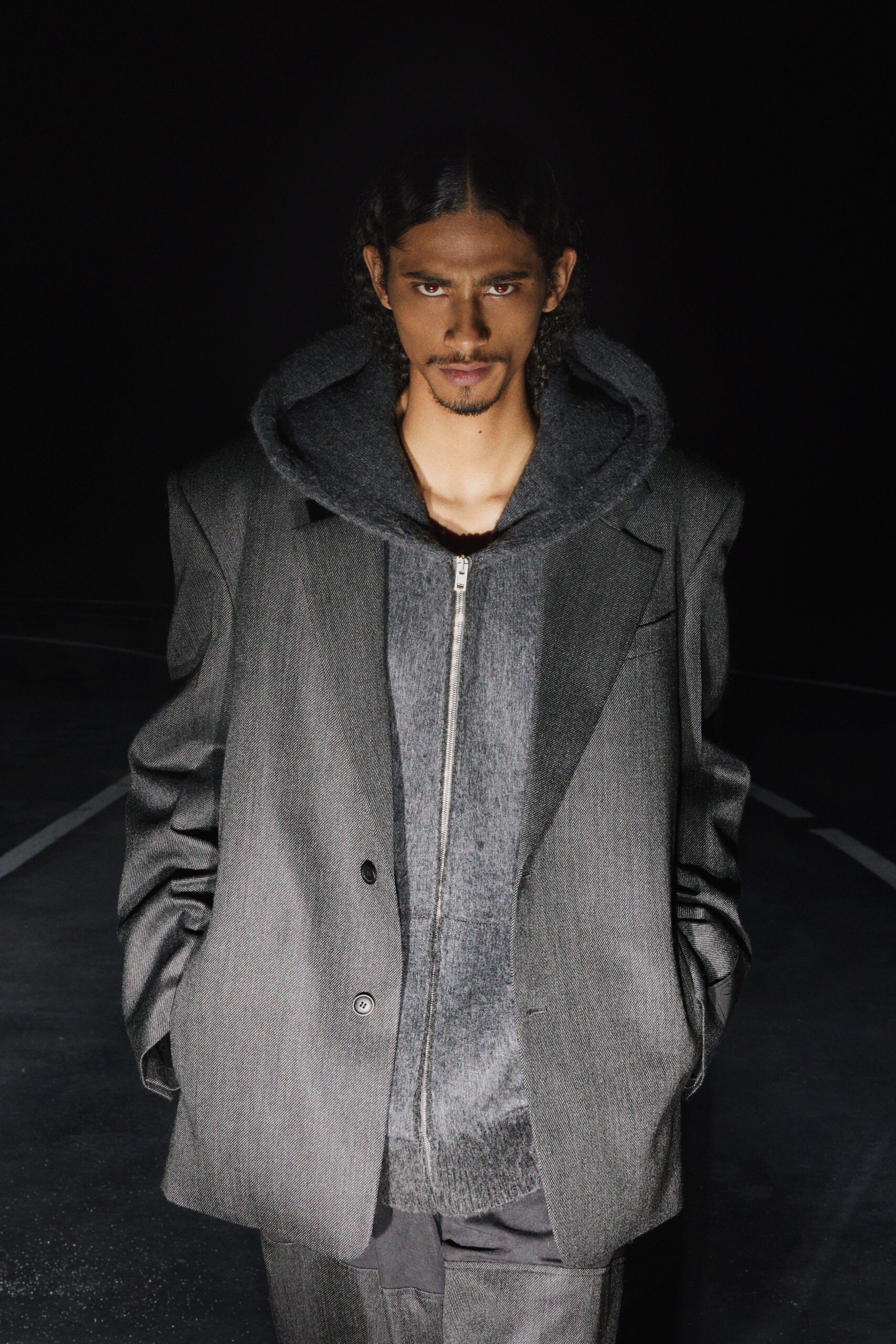 gray wool long-sleeve collared oversized buttoned jacket
