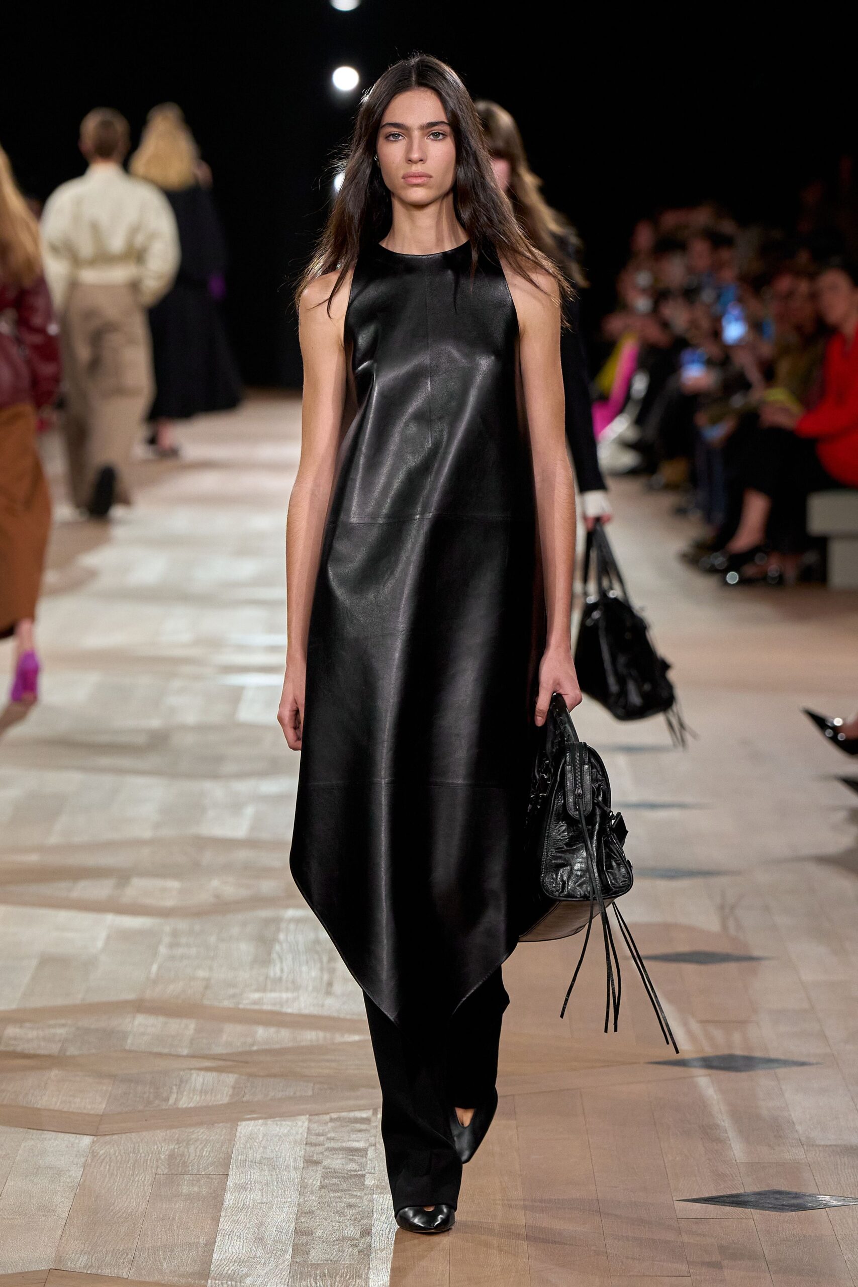 black leather sleeveless asymmetric dress