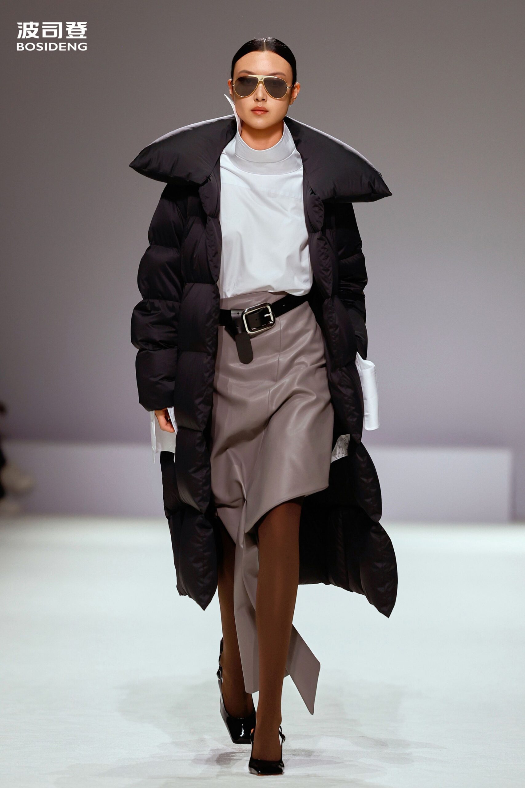 gray satin asymmetric fitted pleated skirt