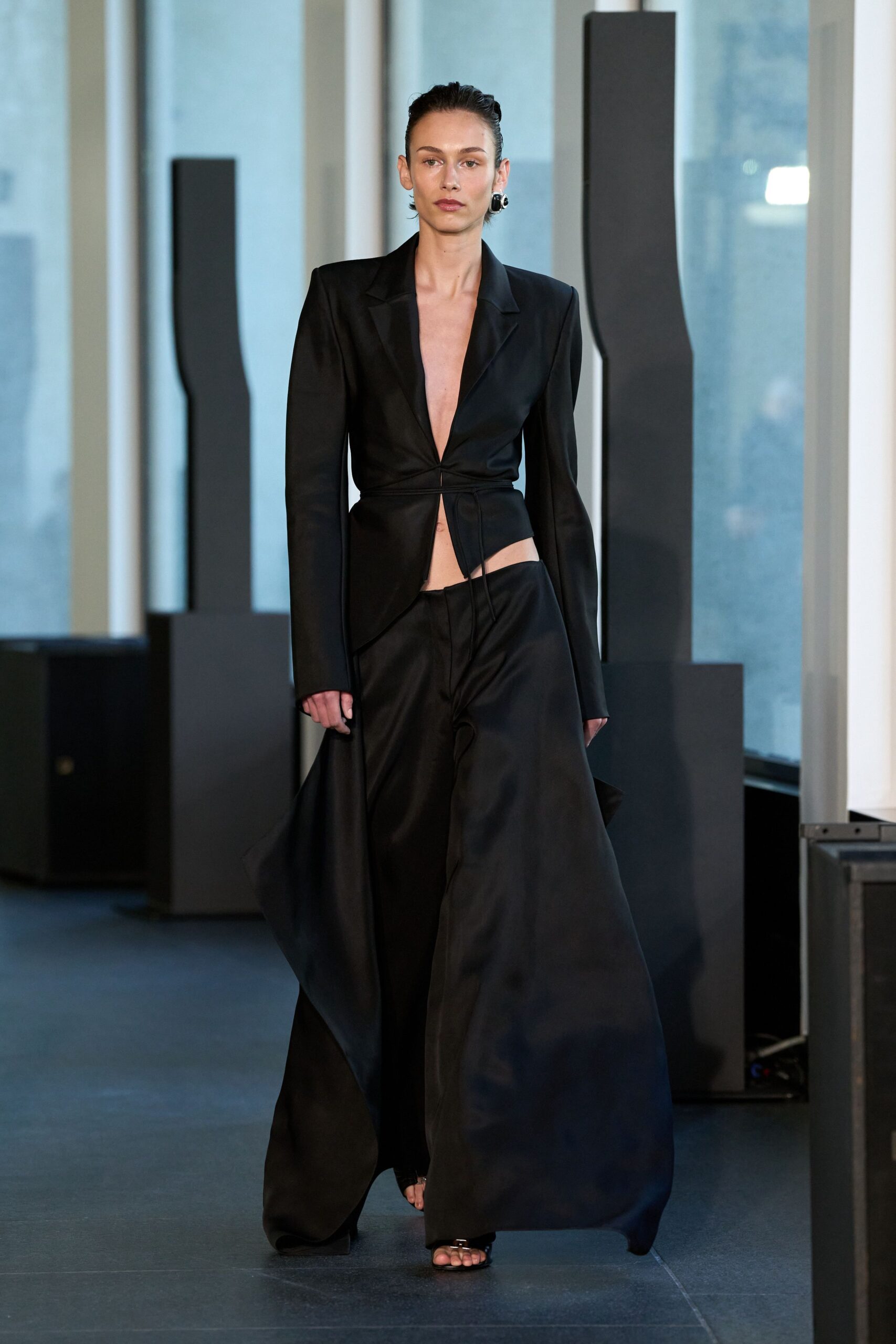 black silk fitted blazer and pants