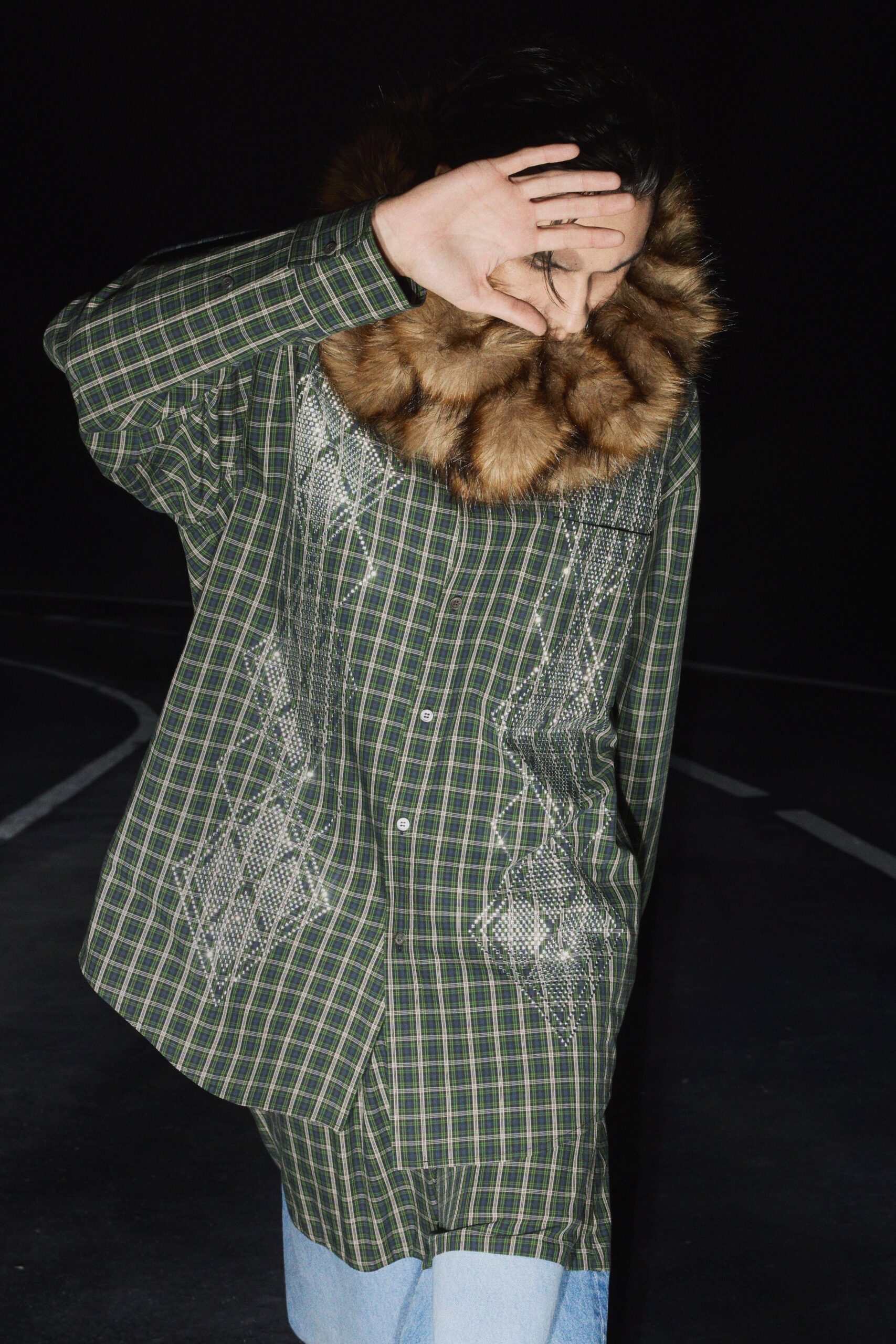 green checked shirt with faux-fur collar