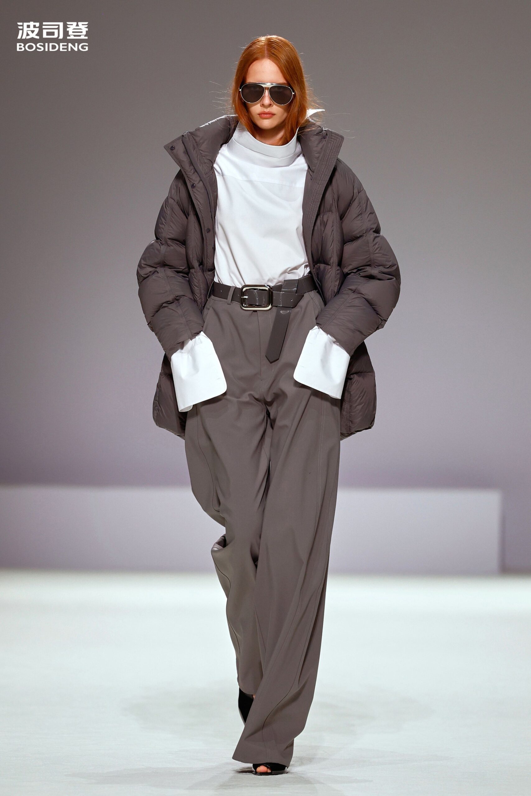 brown long-sleeve collared oversized padded jacket
