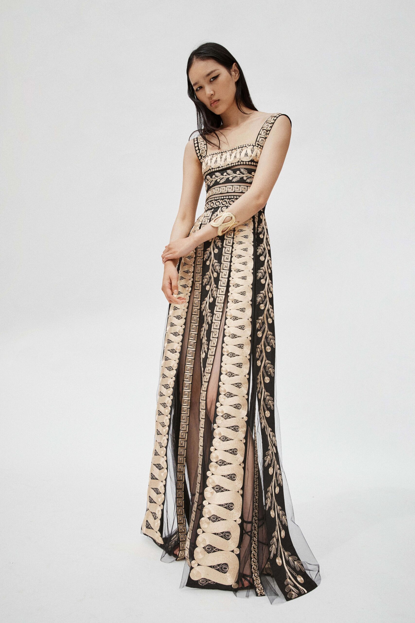 black and beige embroidered gown