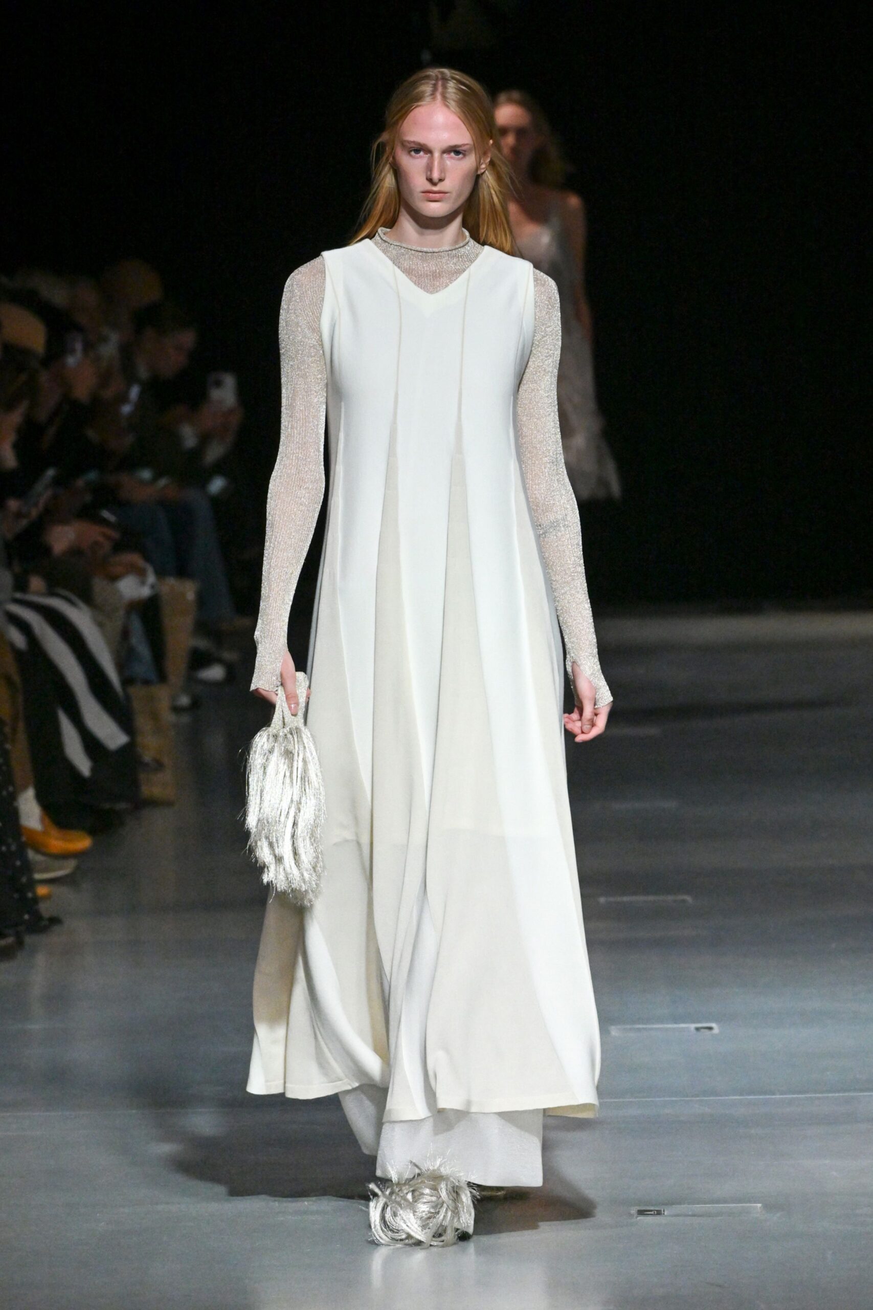 white silk fringed bag