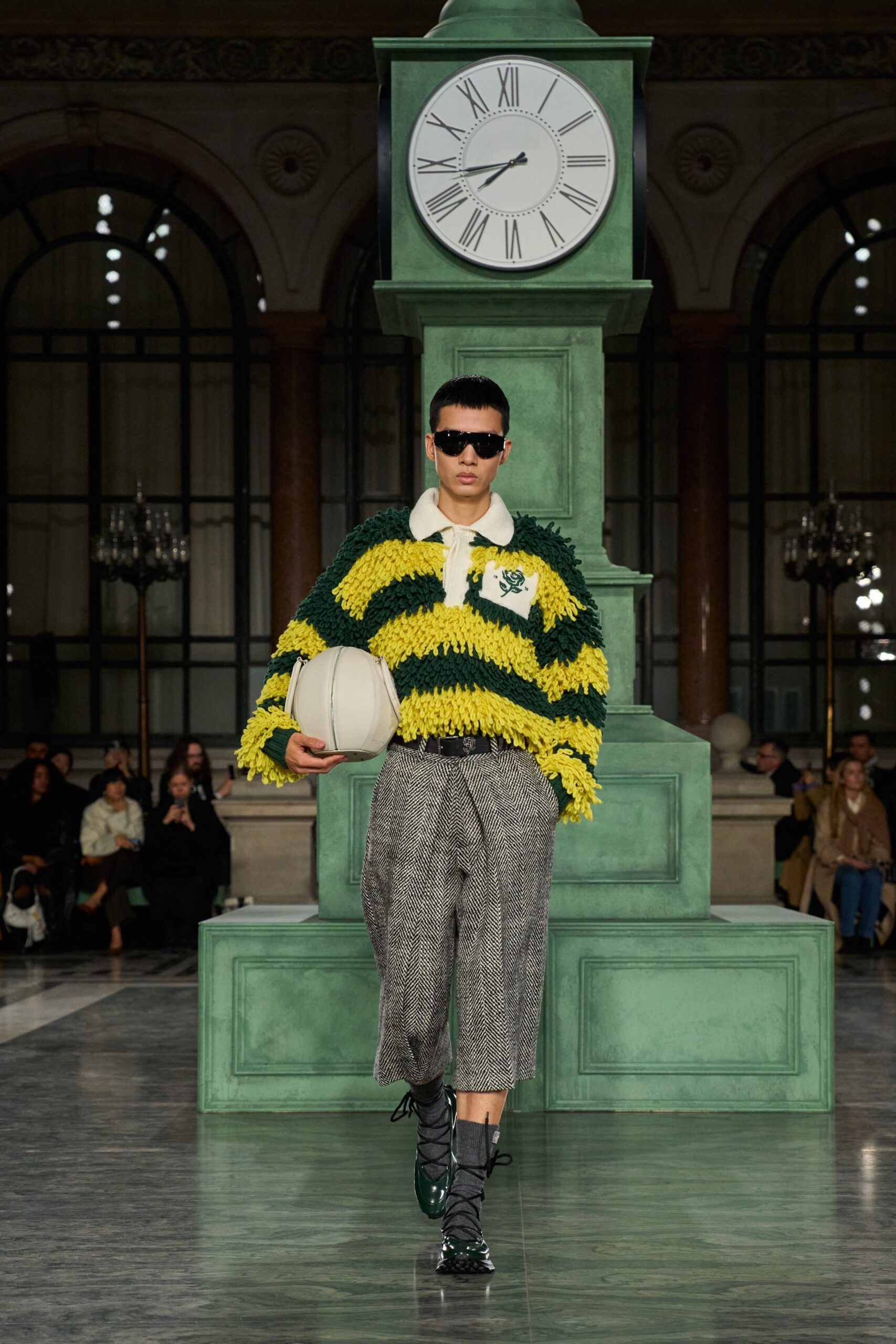 green yellow relaxed sweater gray tailored pants