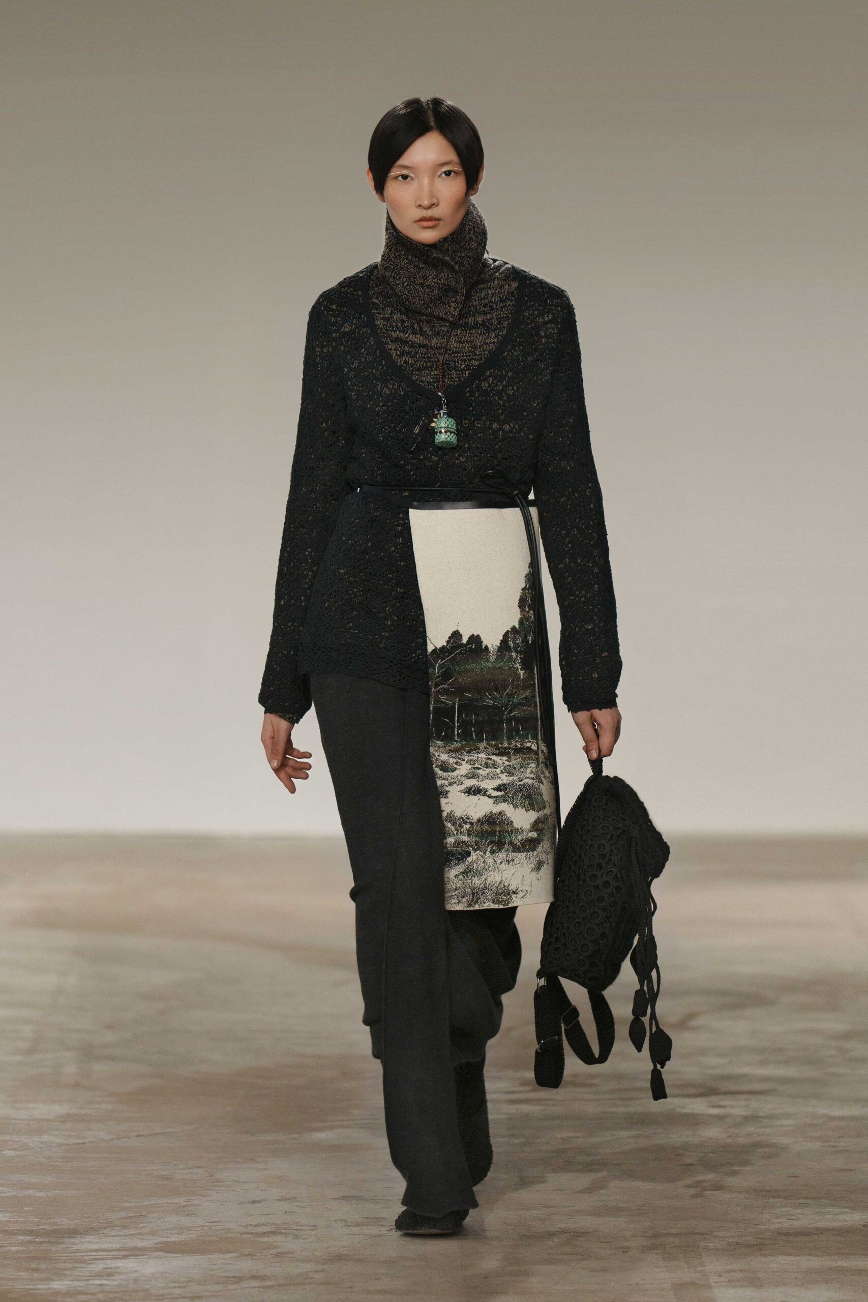 black wool sweater with printed skirt