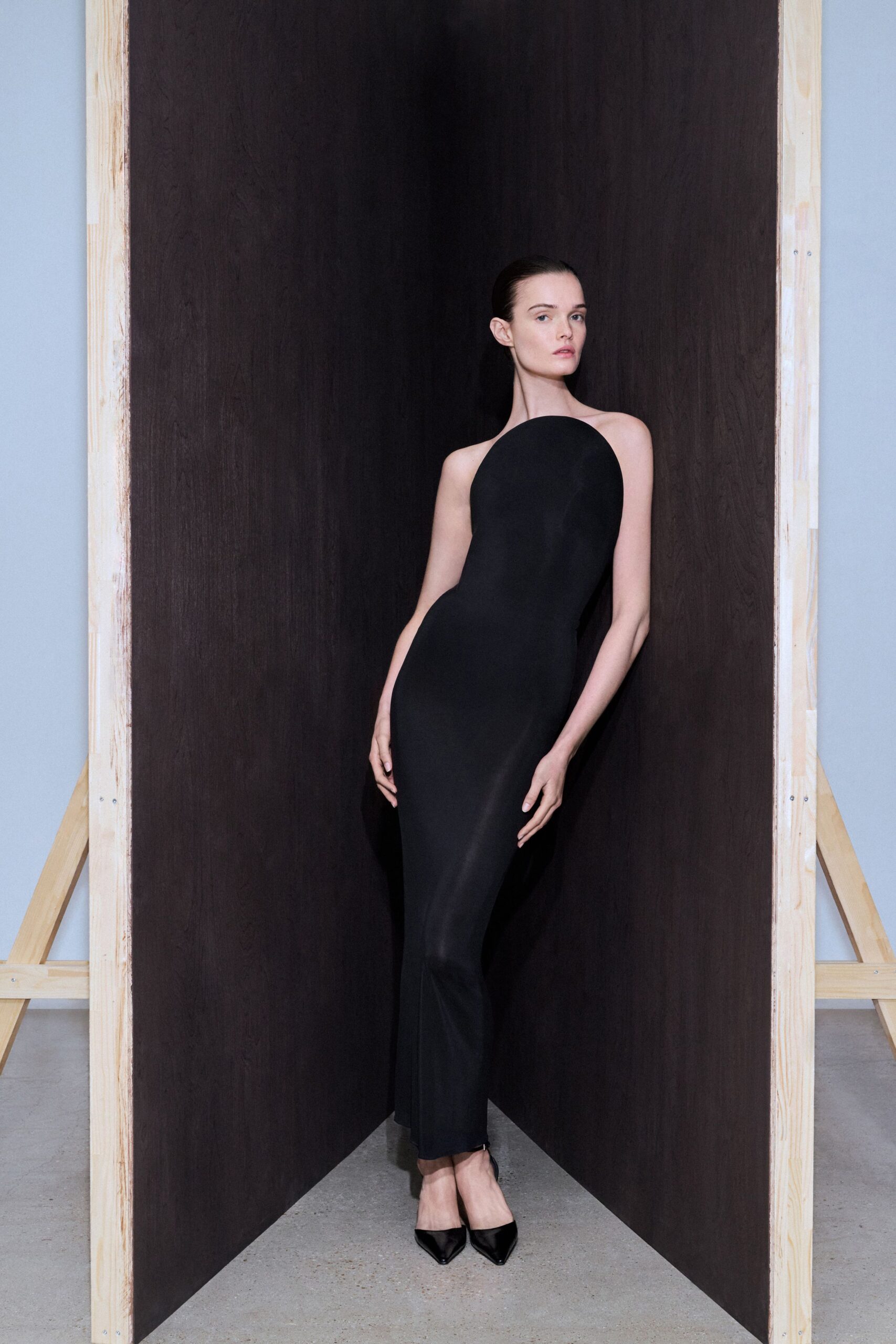 black silk sleeveless halter fitted straight-leg maxi gown