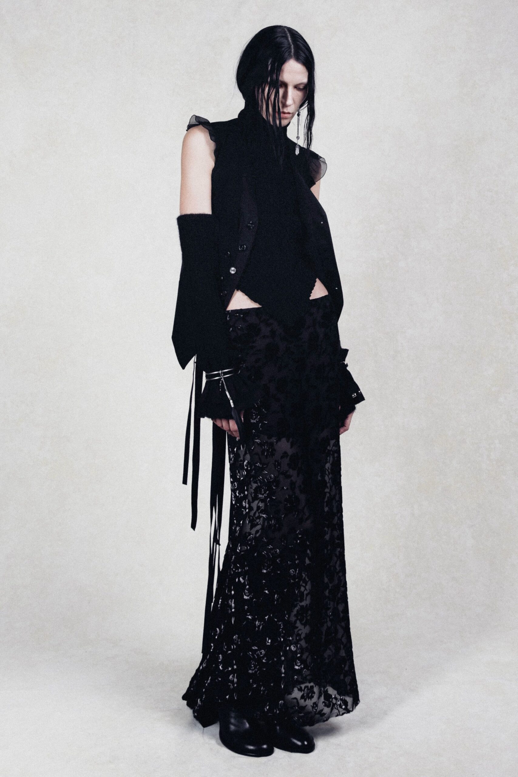 black cotton long-sleeve collared fitted buttoned vest