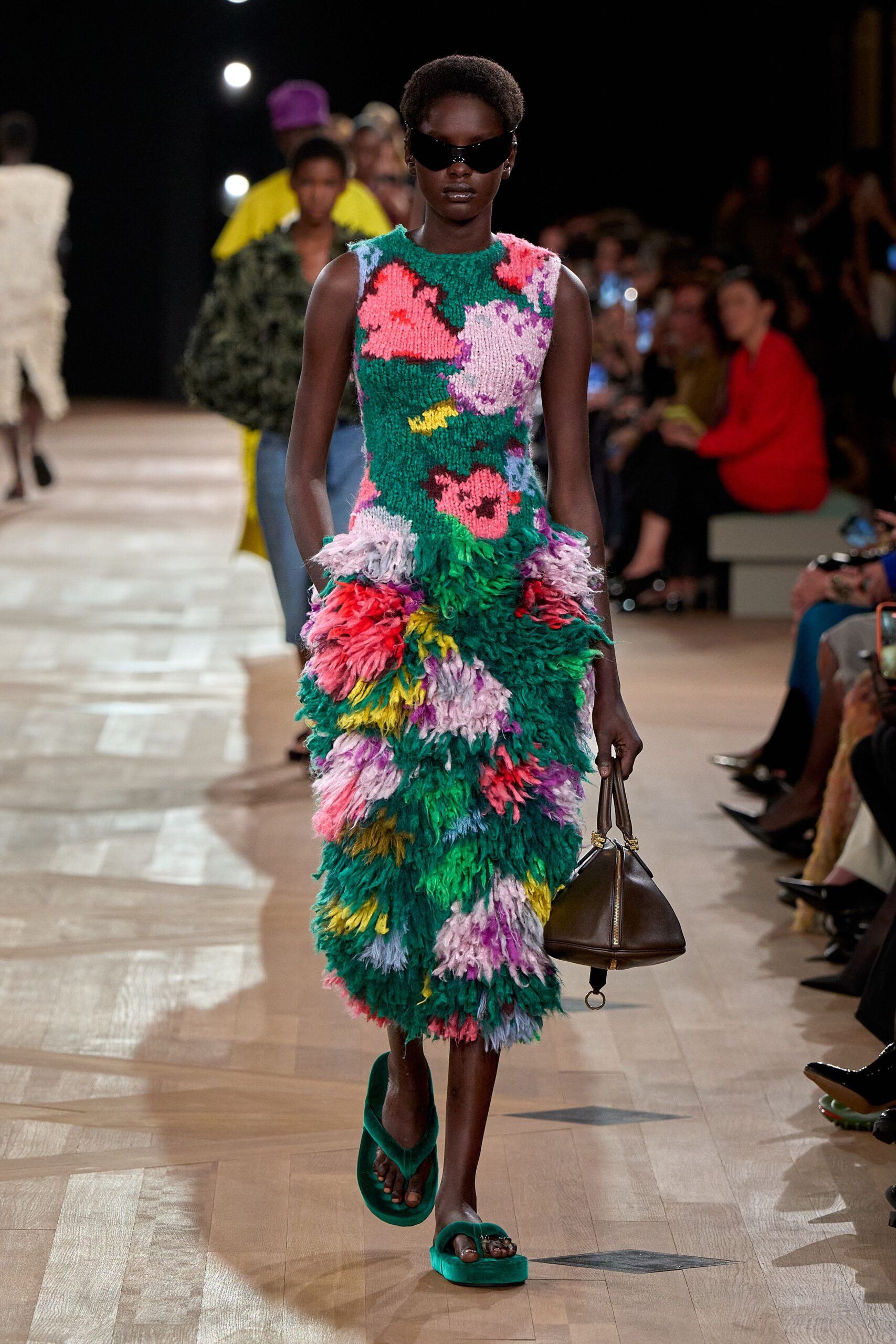 floral midi dress with green shoes