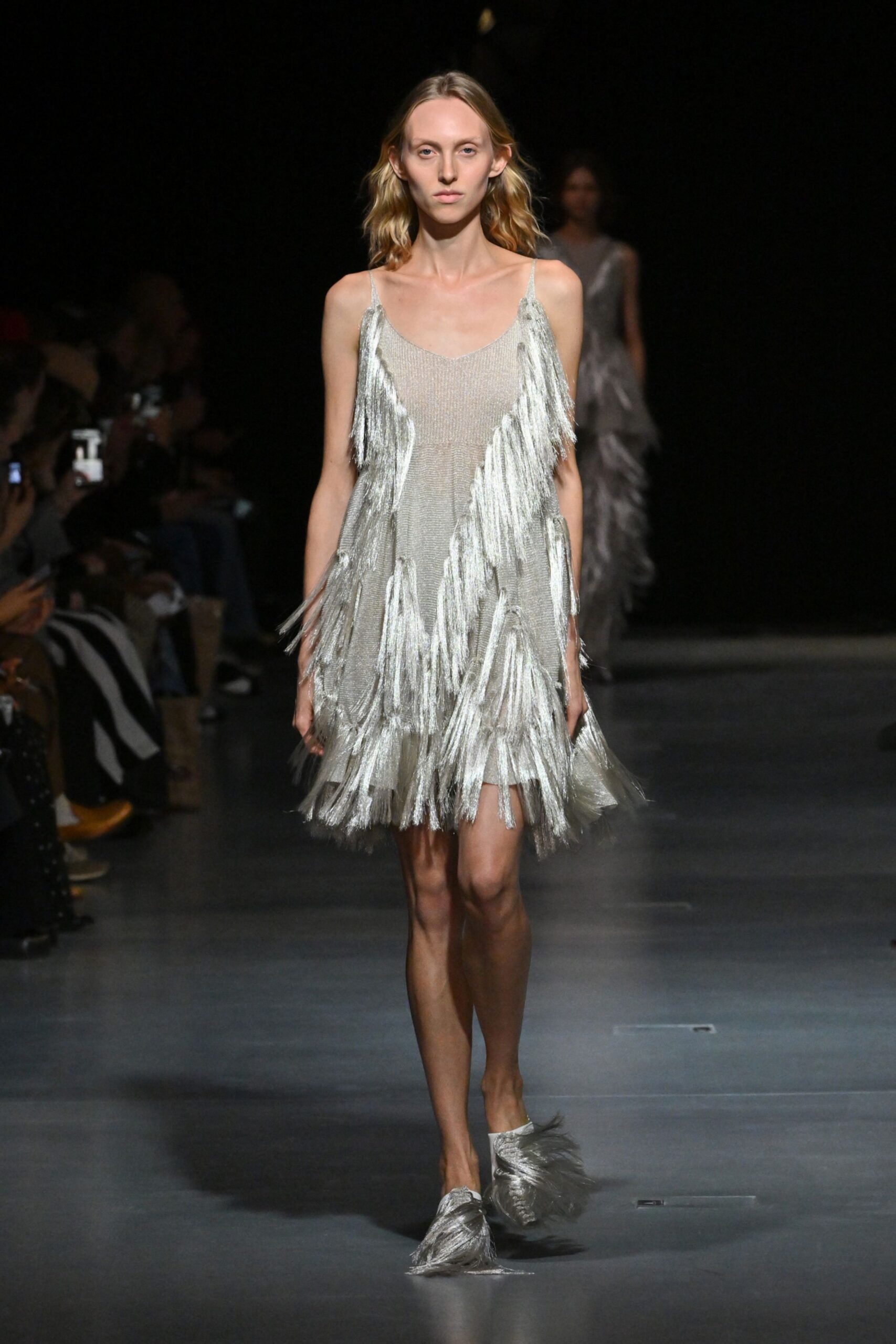 gray silk sleeveless v-neck fitted fringed shiny dress
