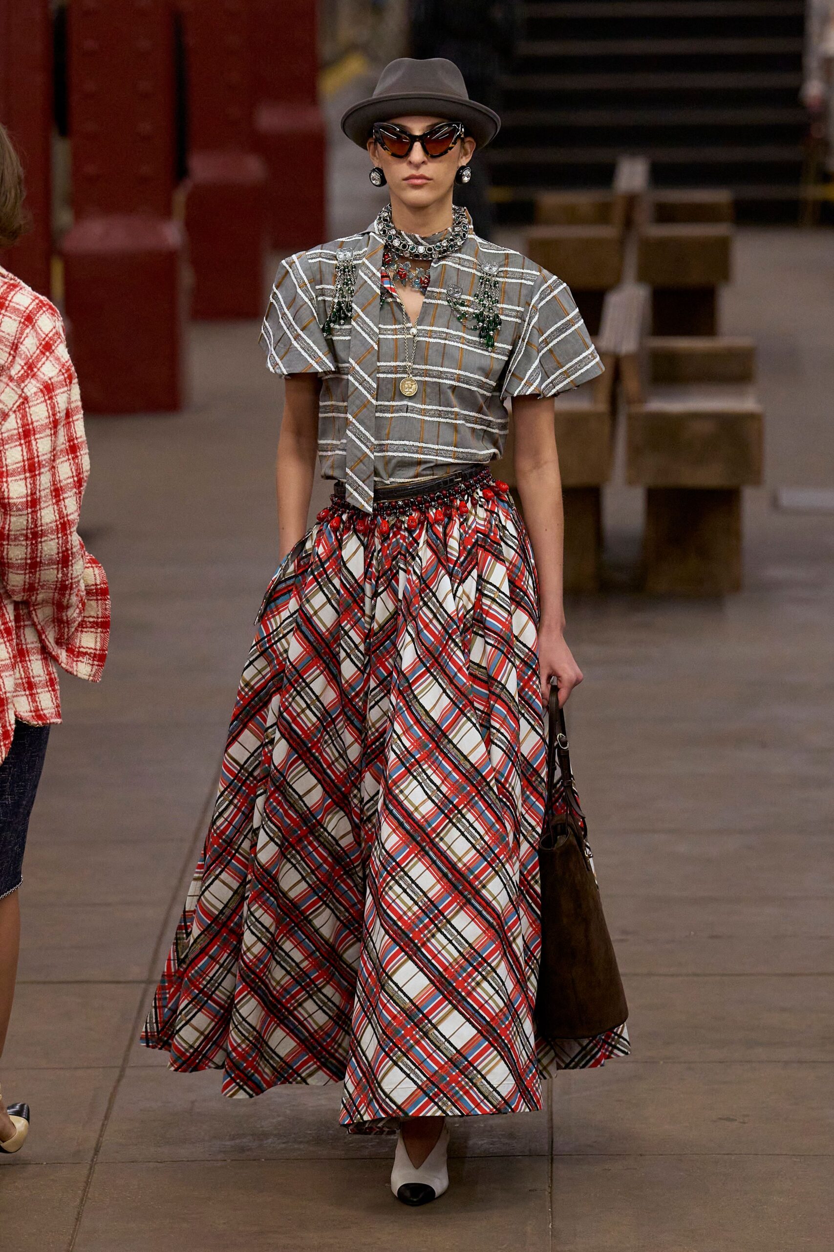 red cotton fitted flared printed maxi skirt