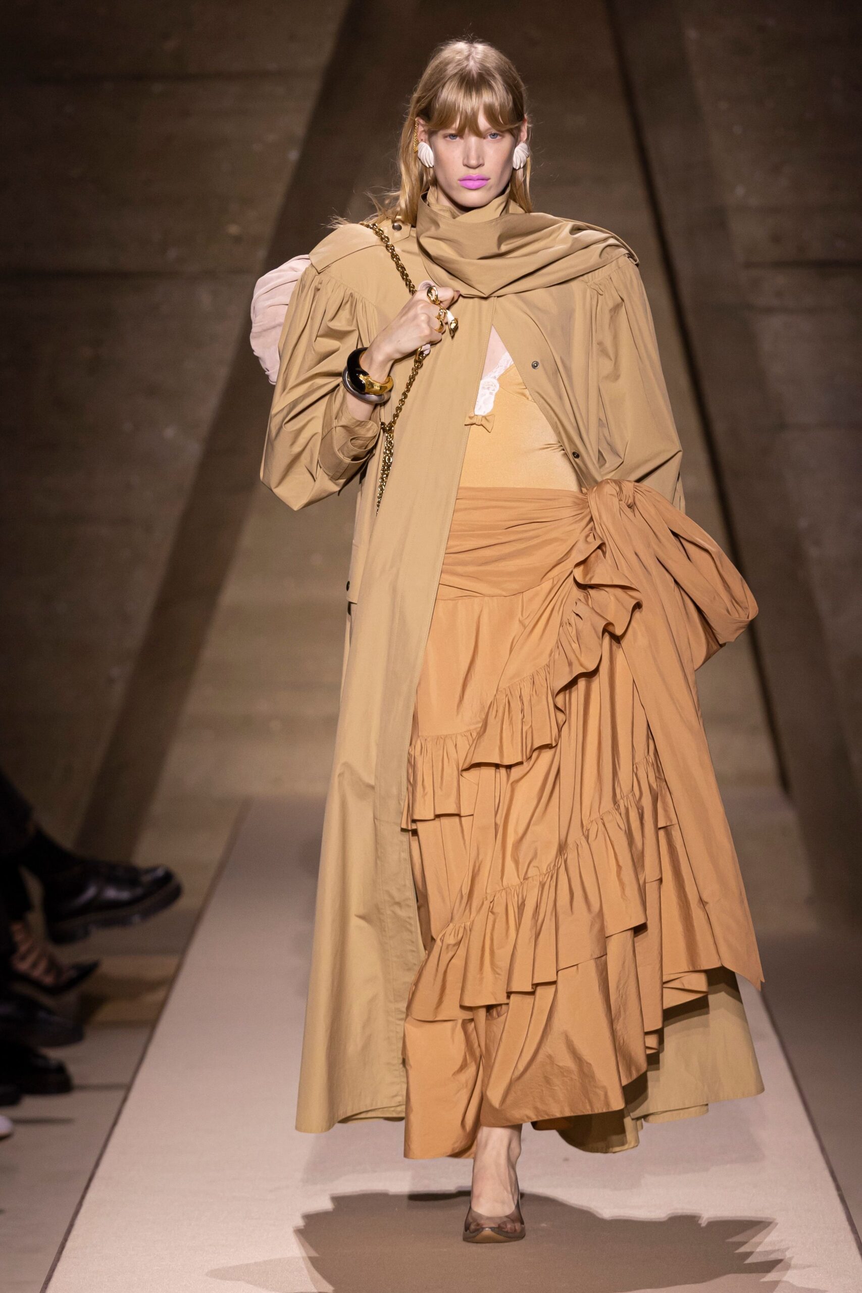 beige coat brown tiered dress