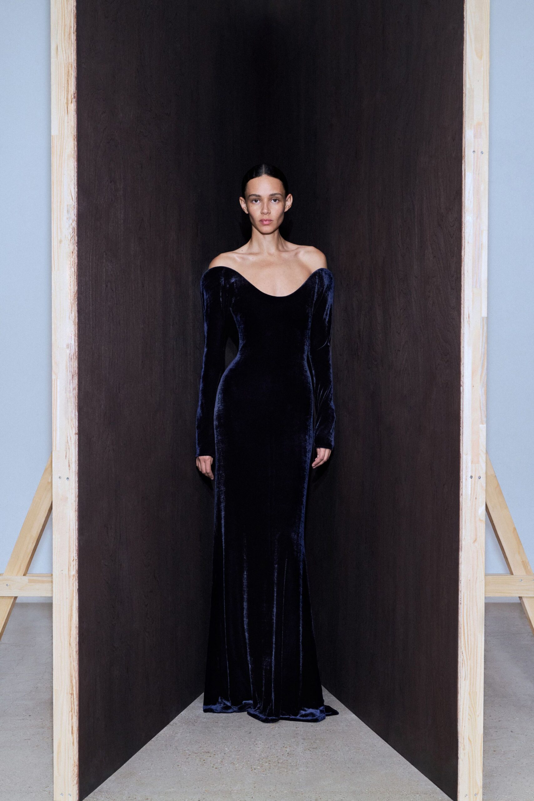 blue velvet off-shoulder gown