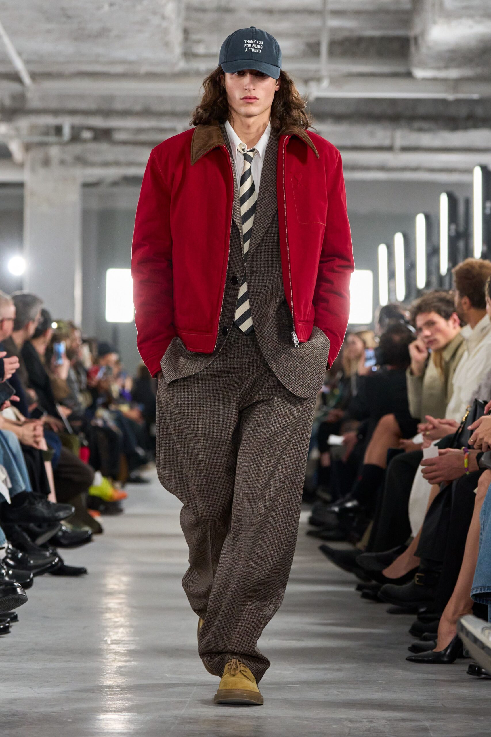 red jacket brown suit pants