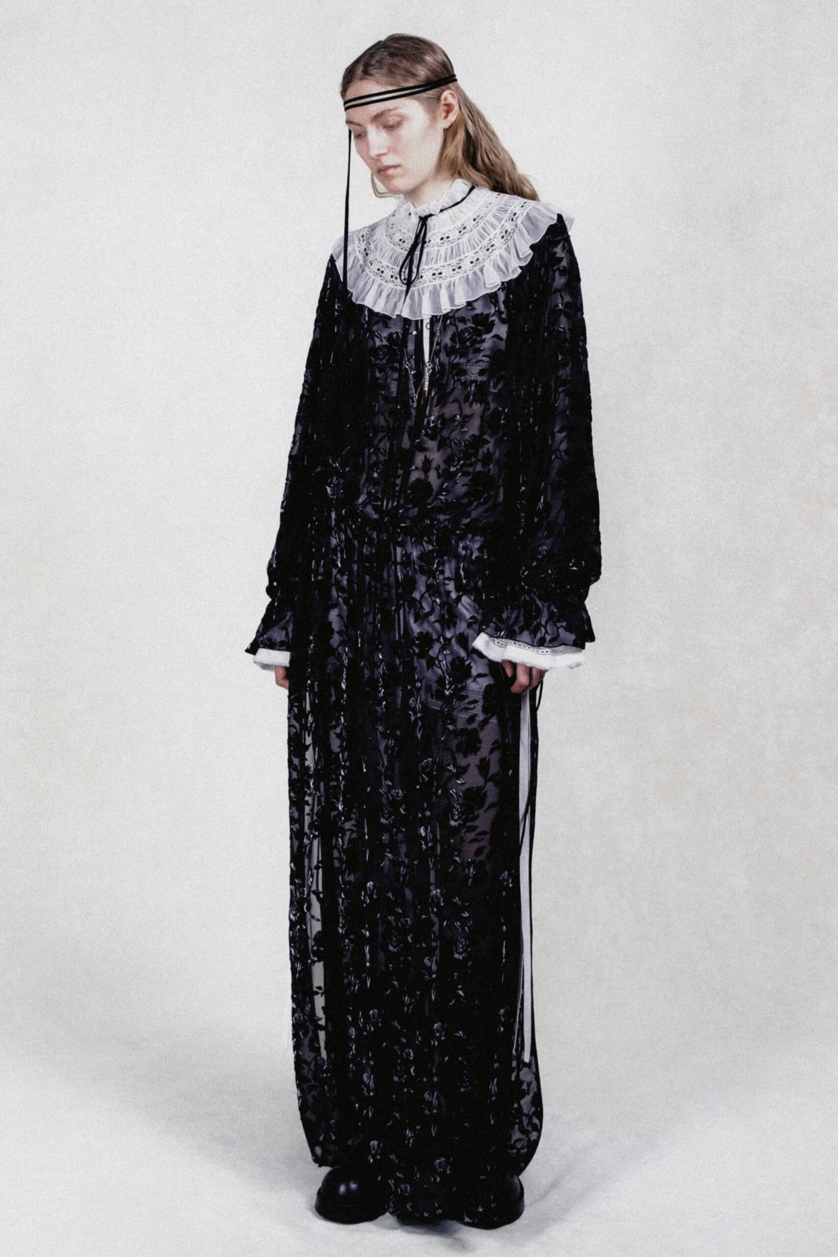 black lace long-sleeve collared relaxed embroidered layered gown