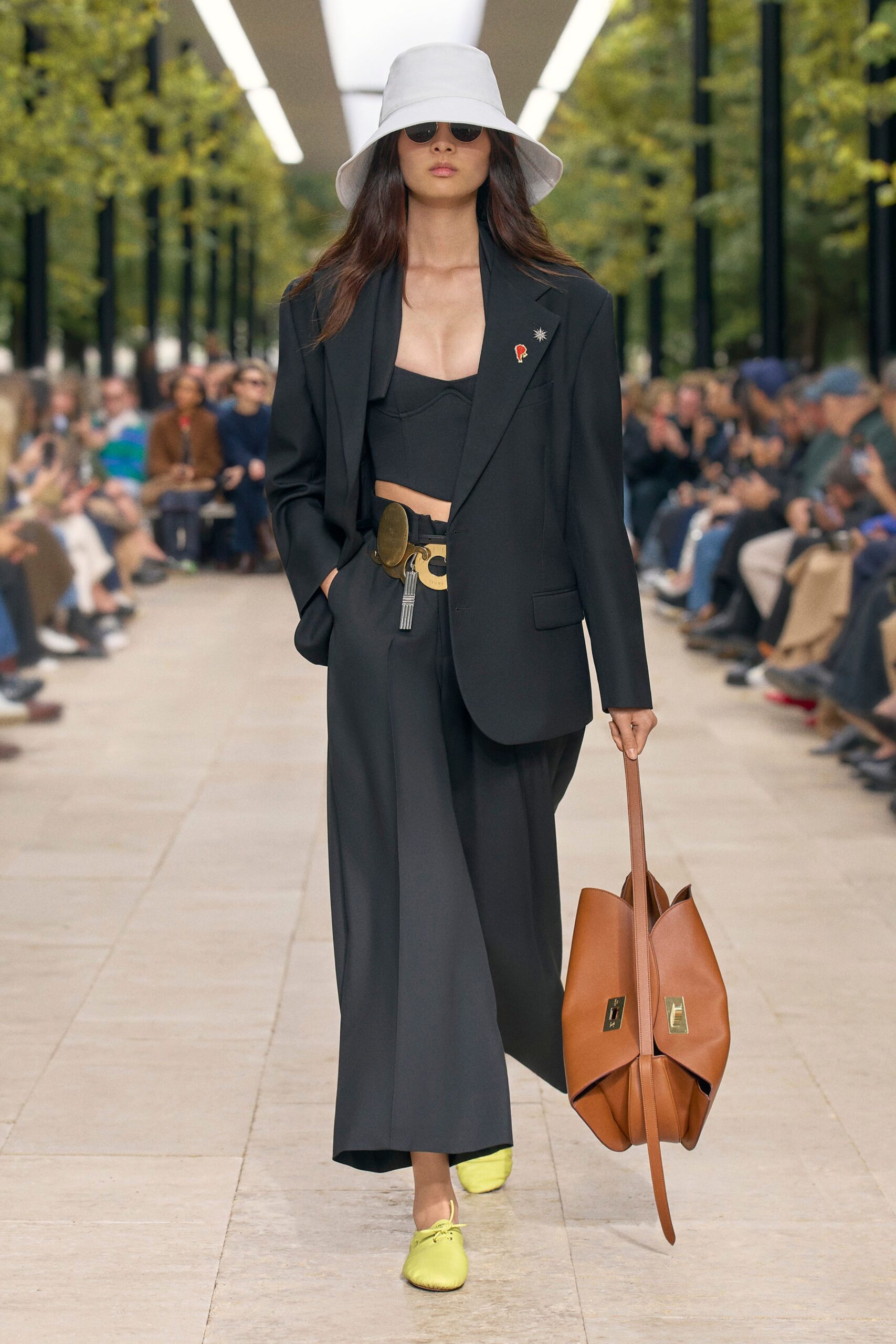 black blazer crop-top pants