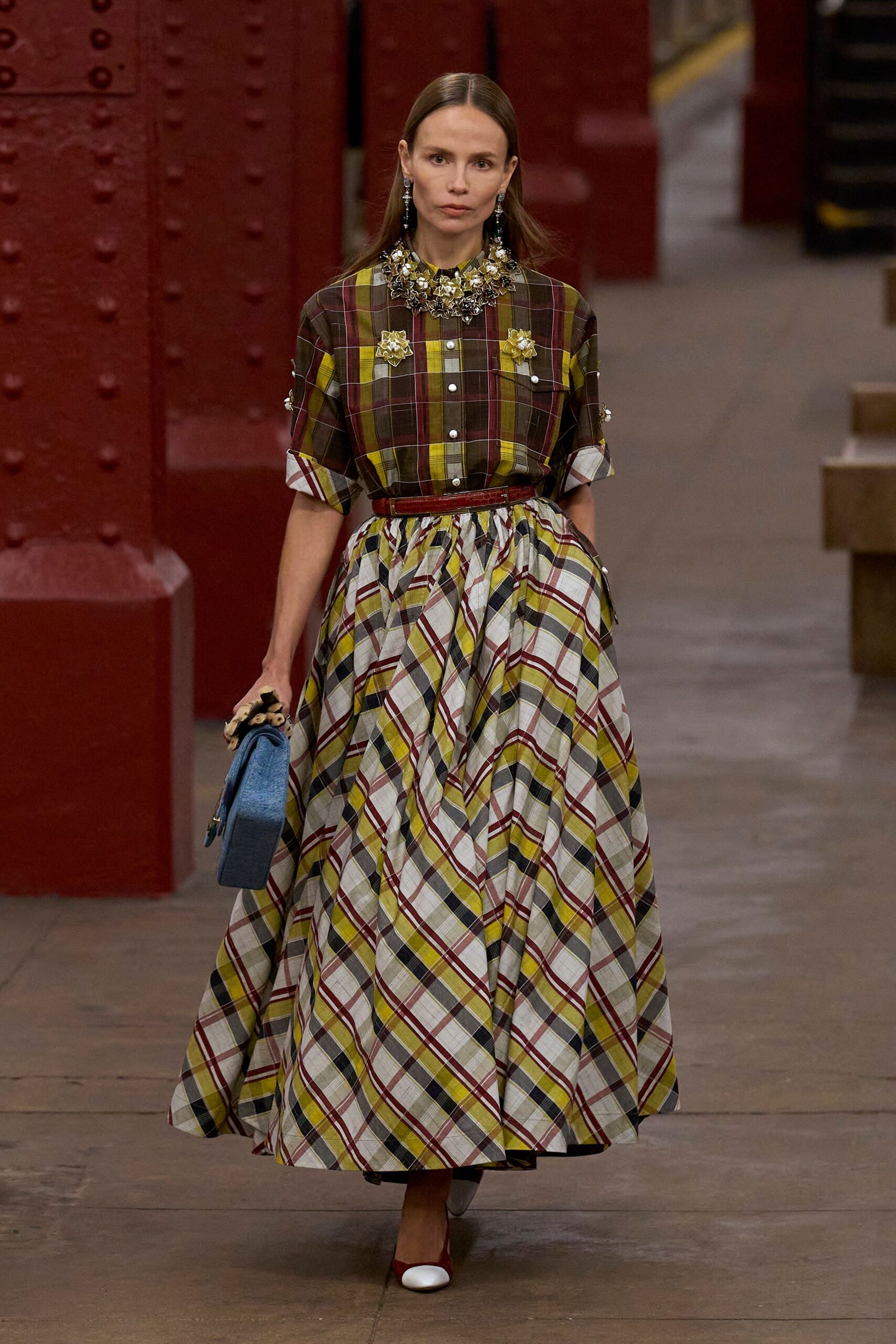 brown cotton short-sleeve collared fitted checked midi shirt-dress
