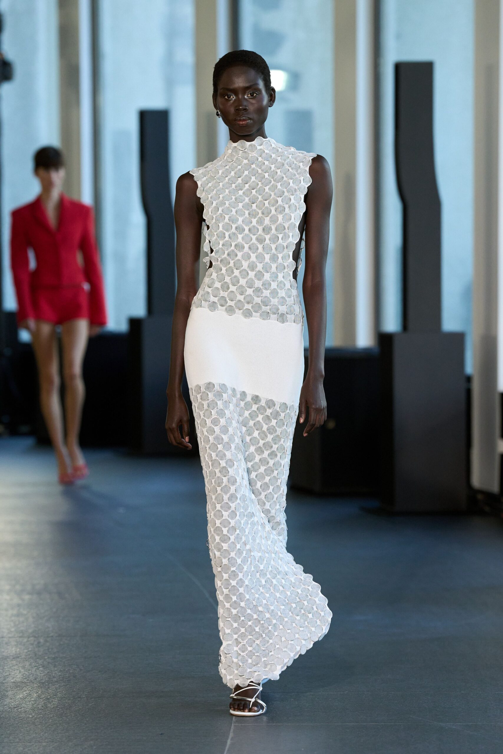 white mesh sleeveless high-neck fitted layered gown