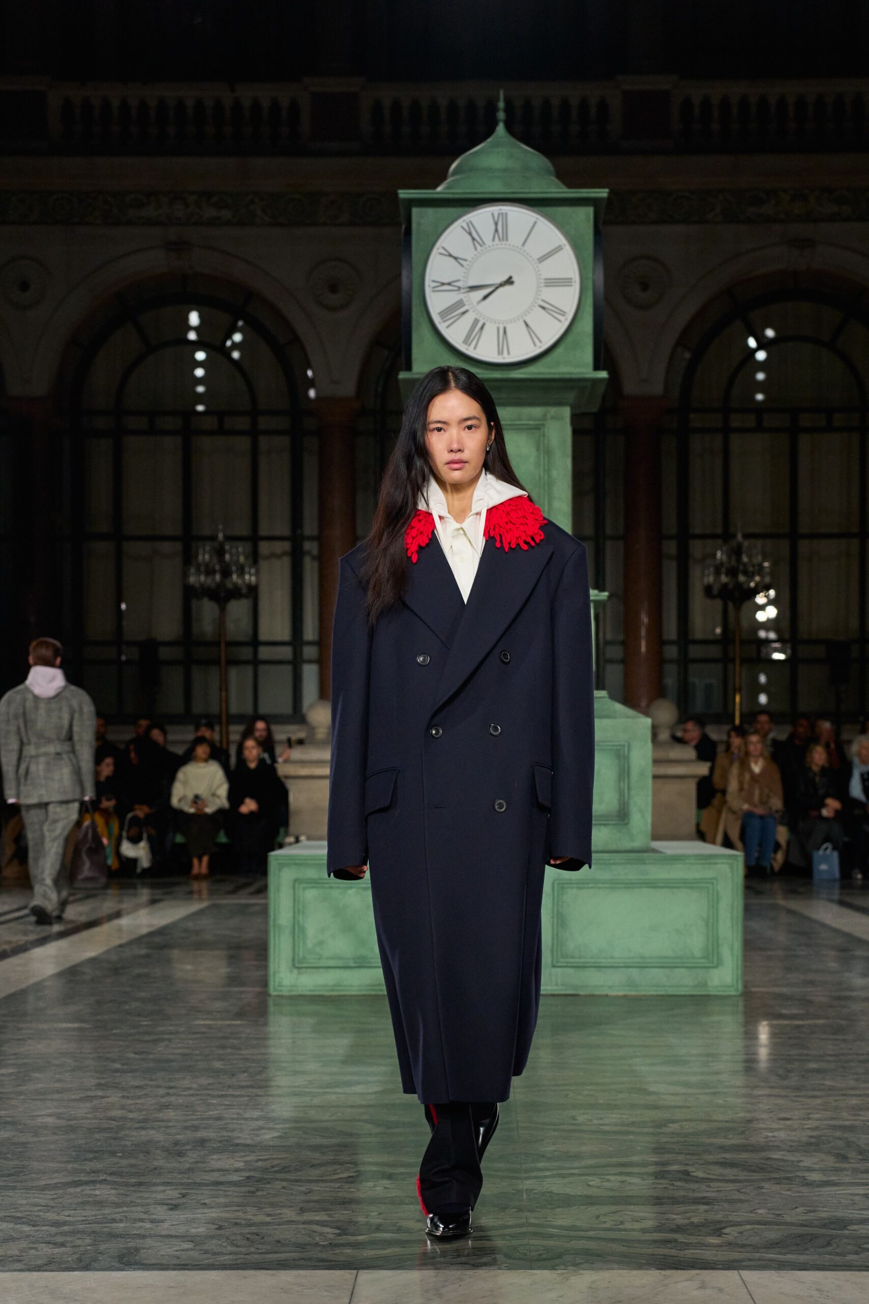 navy oversized coat with white shirt
