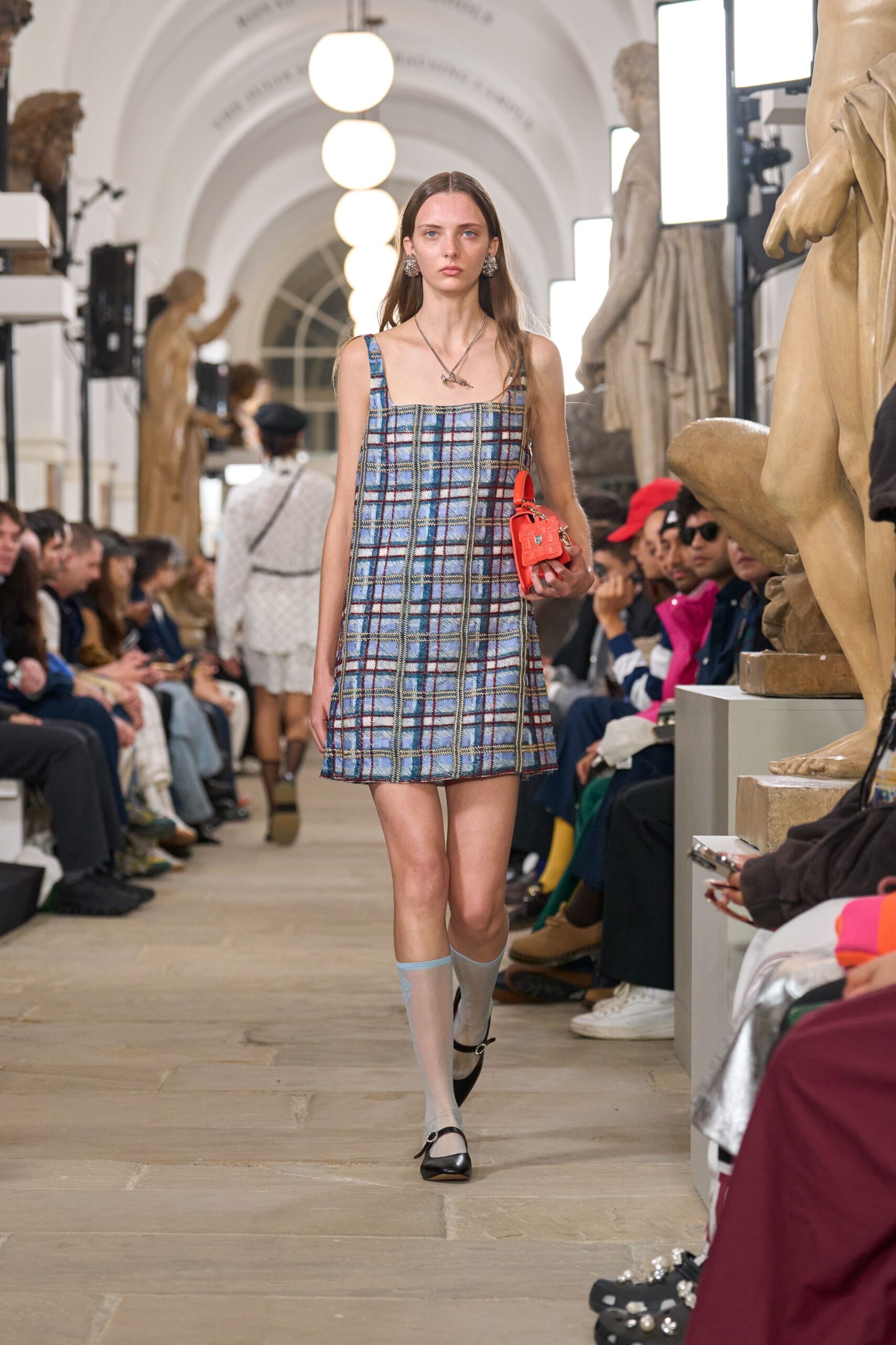 blue and white checked mini dress