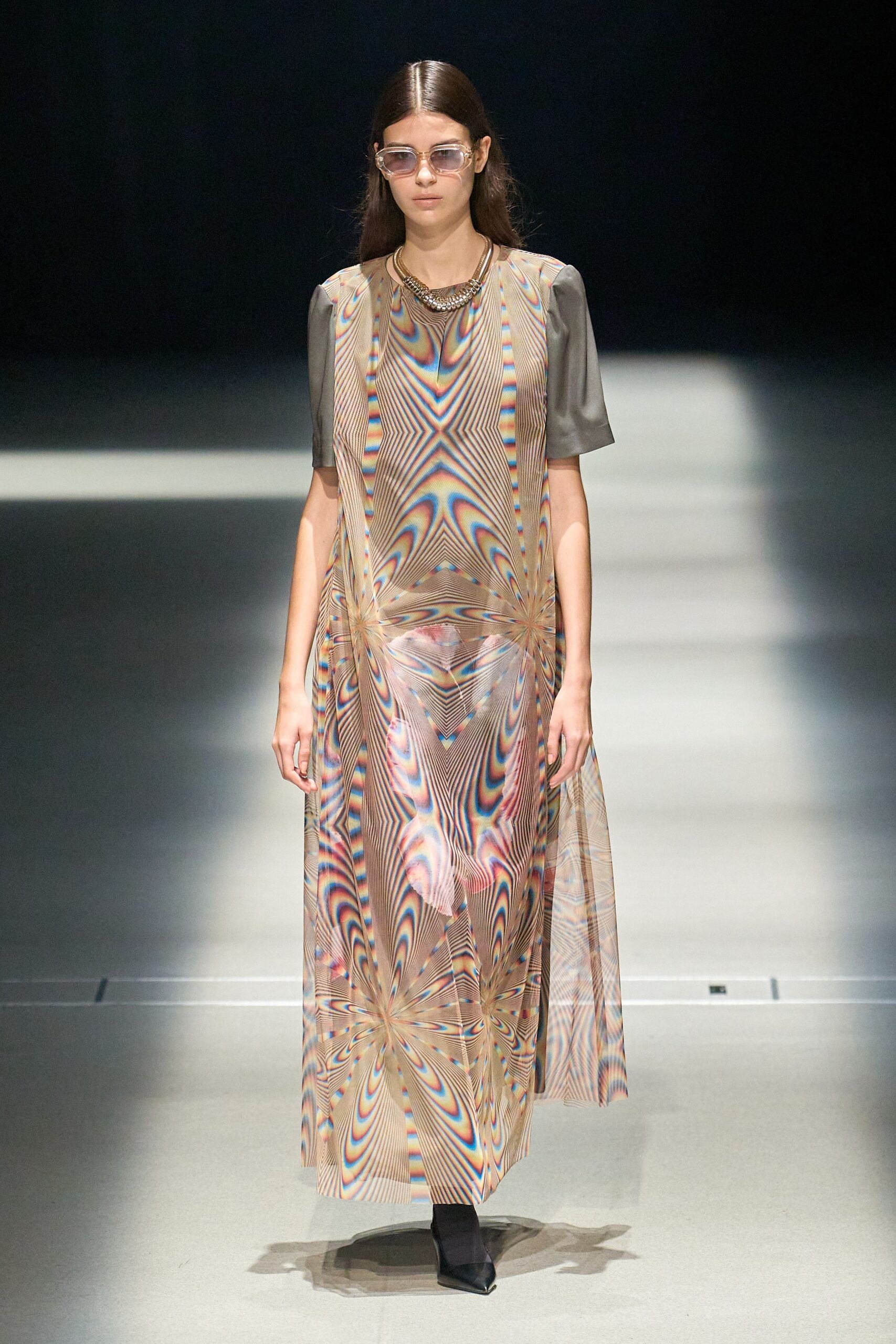 beige silk short-sleeve v-neck relaxed layered printed dress
