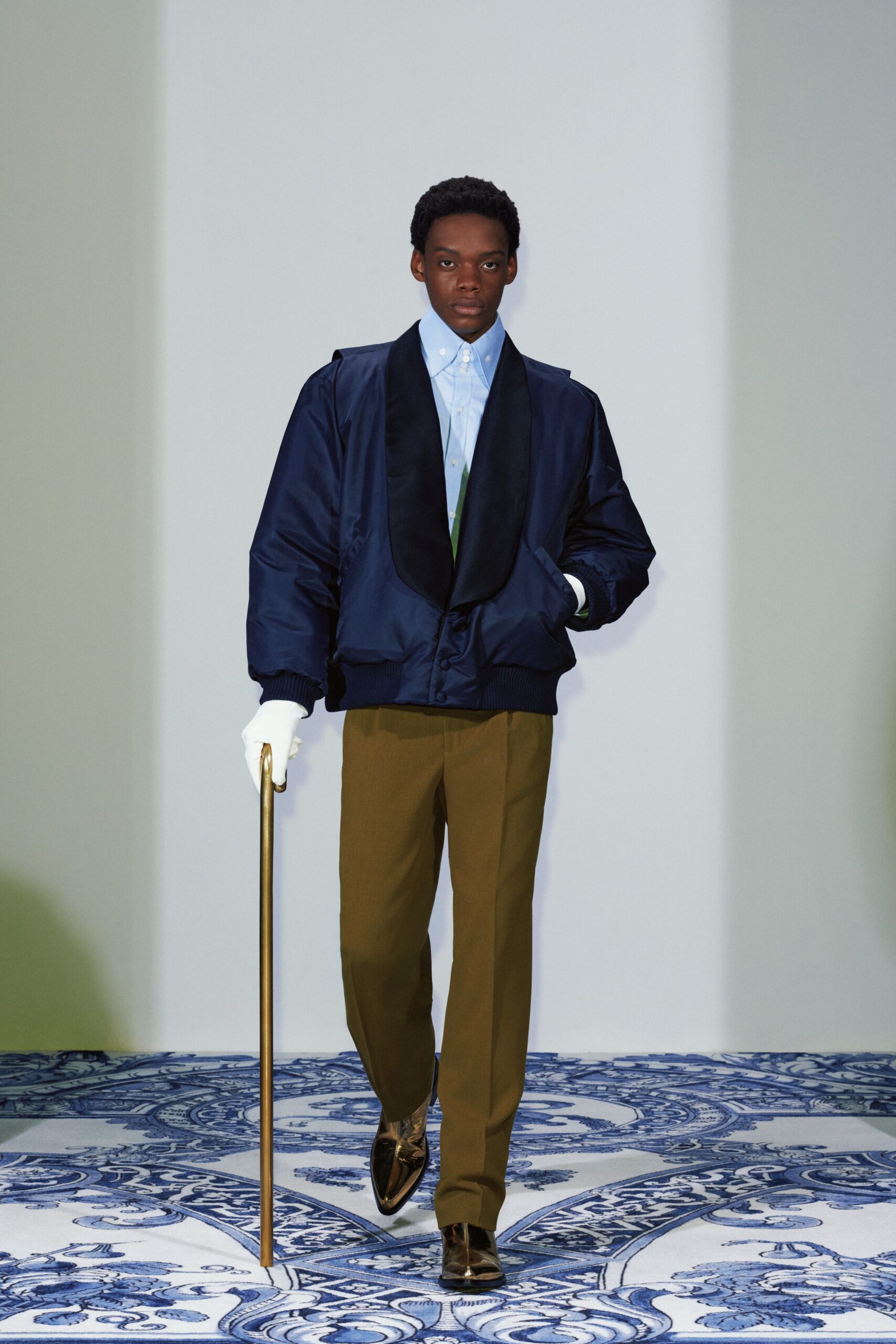 blue silk long-sleeve collared relaxed buttoned jacket