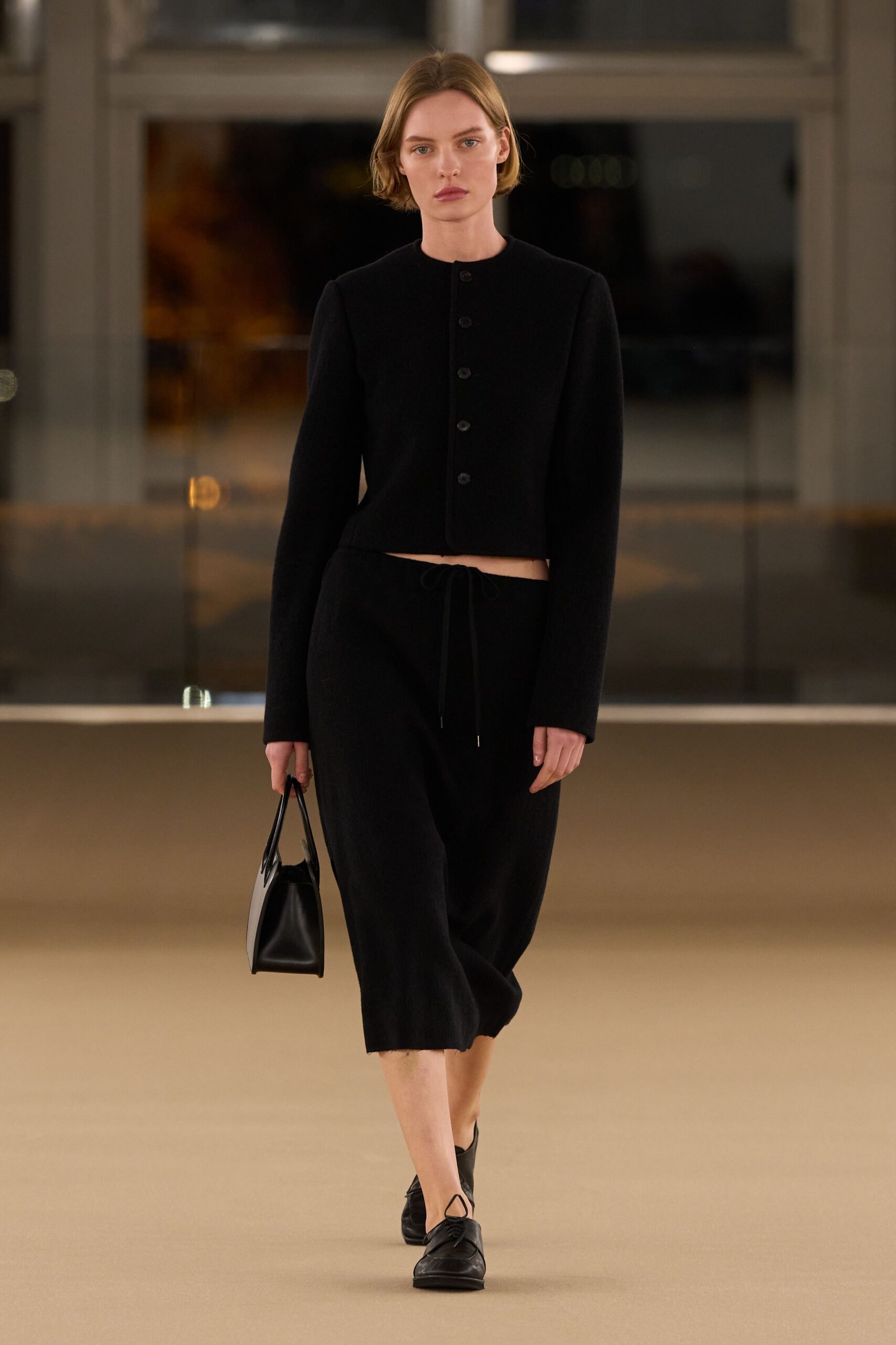 black wool long-sleeve collared fitted buttoned cropped top