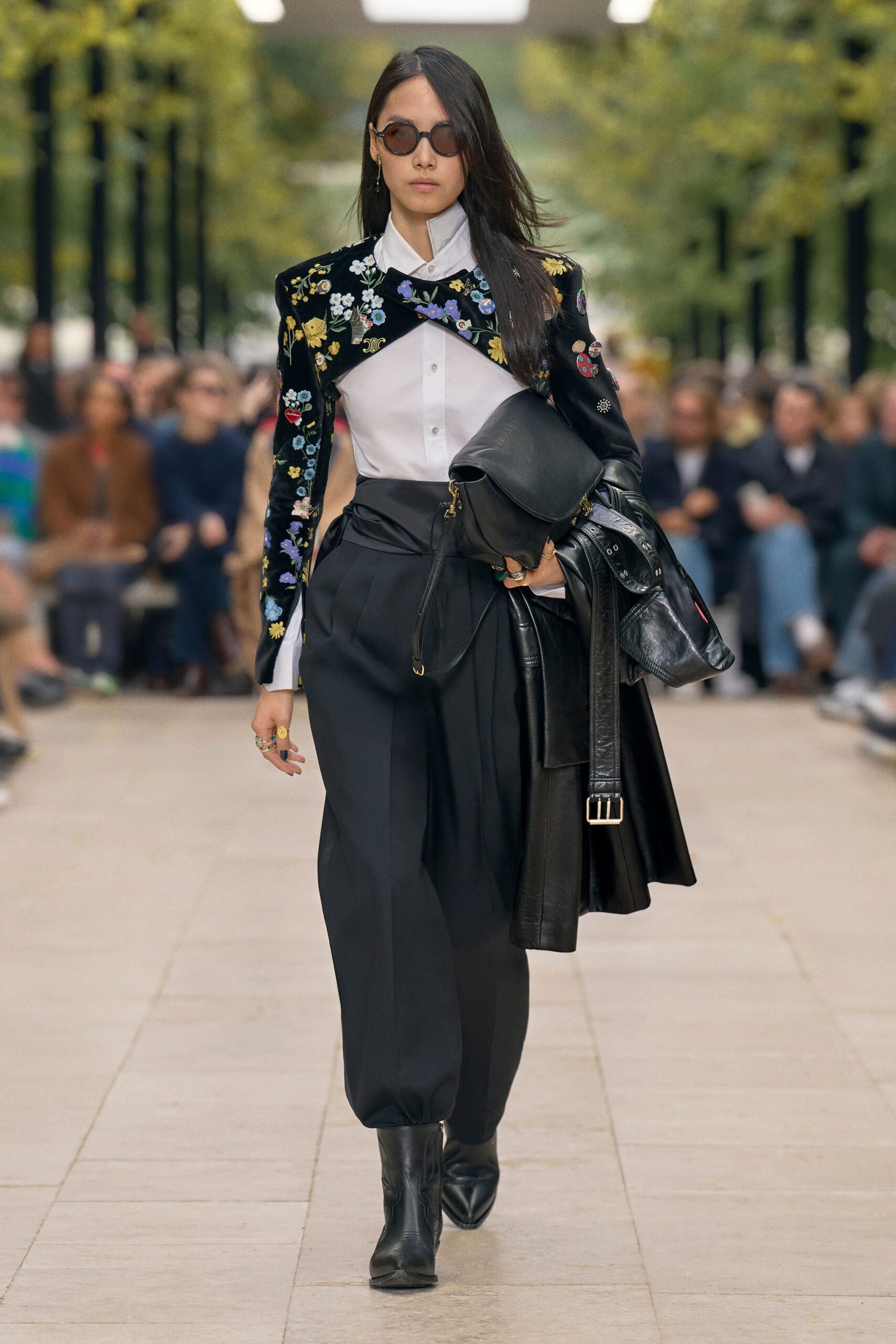 black embroidered blazer with white shirt