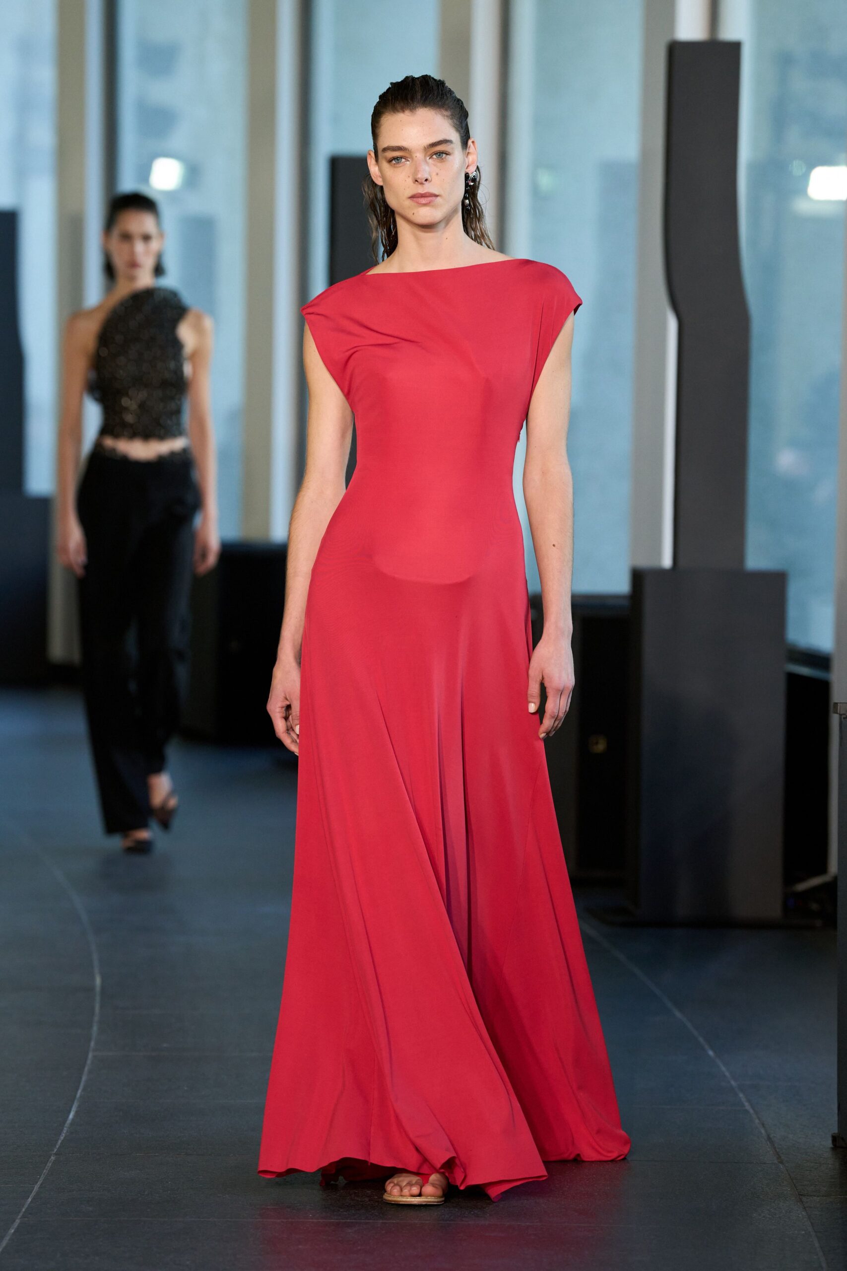 red silk sleeveless gown