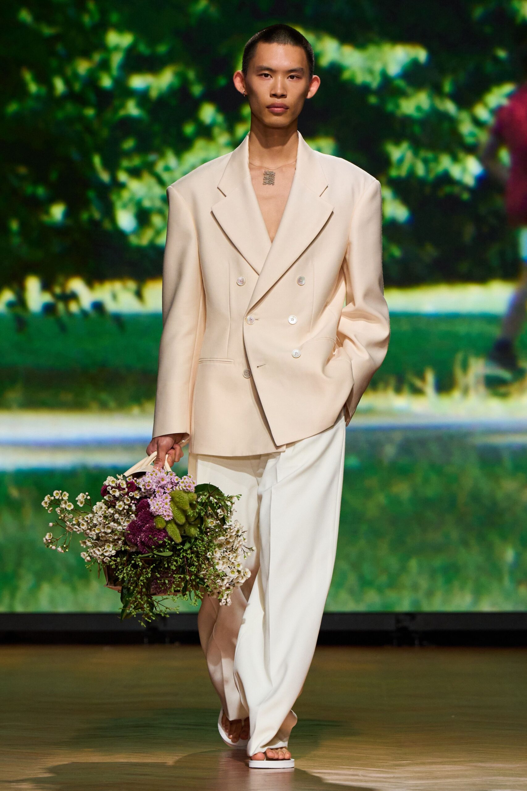 beige tailored blazer with white pants