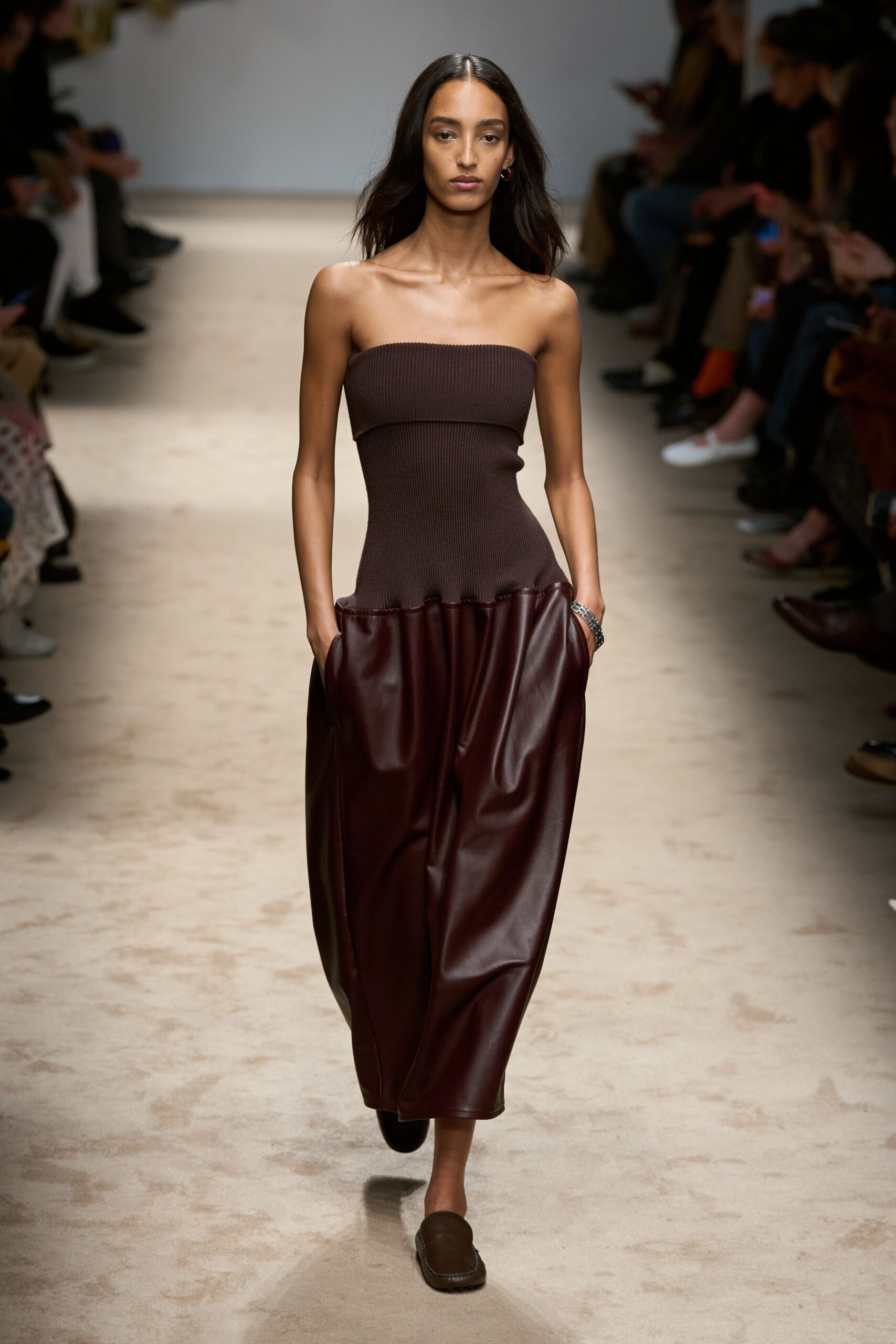 brown cotton sleeveless fitted pleated maxi dress