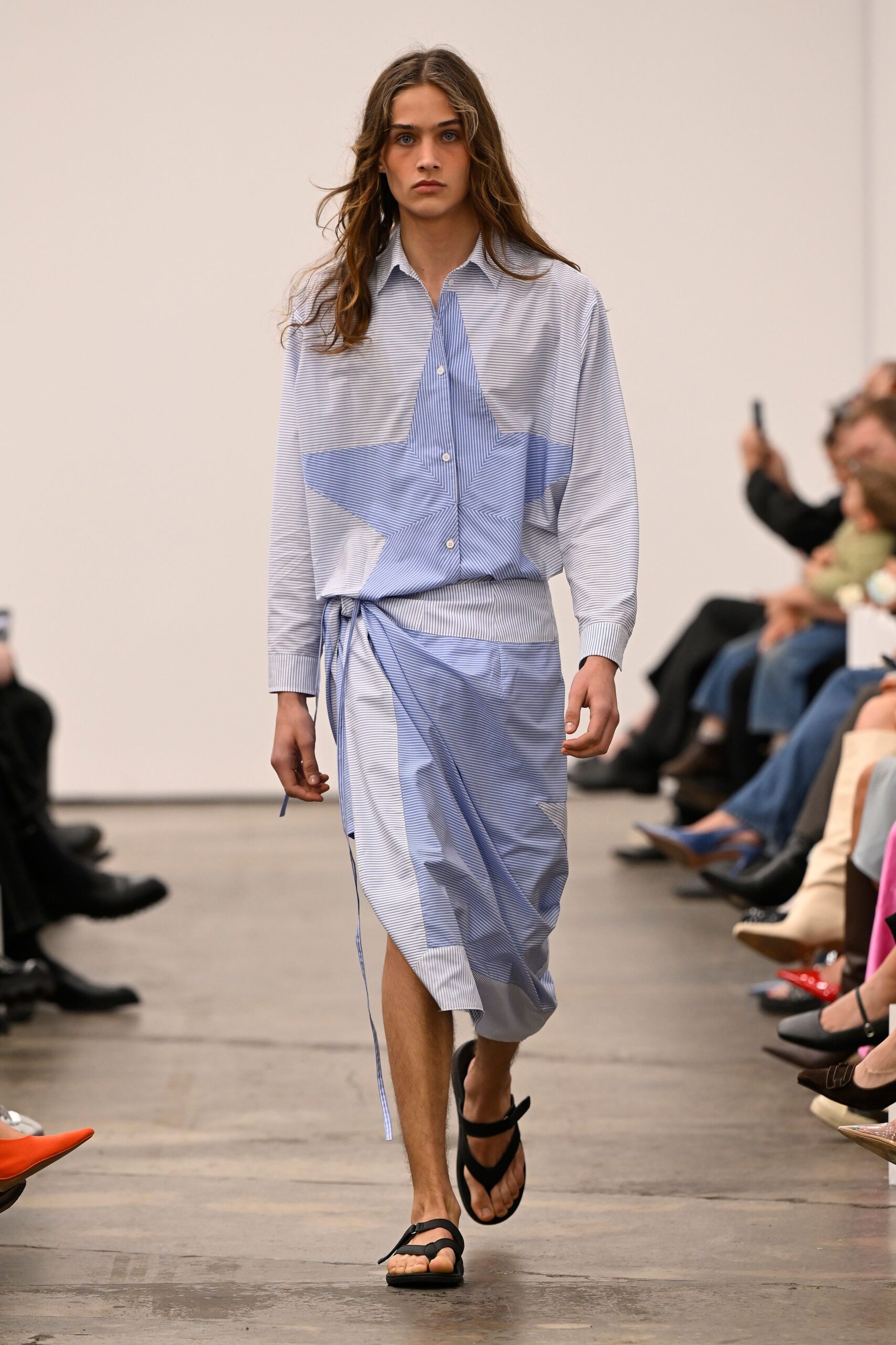 blue striped shirt with asymmetric skirt