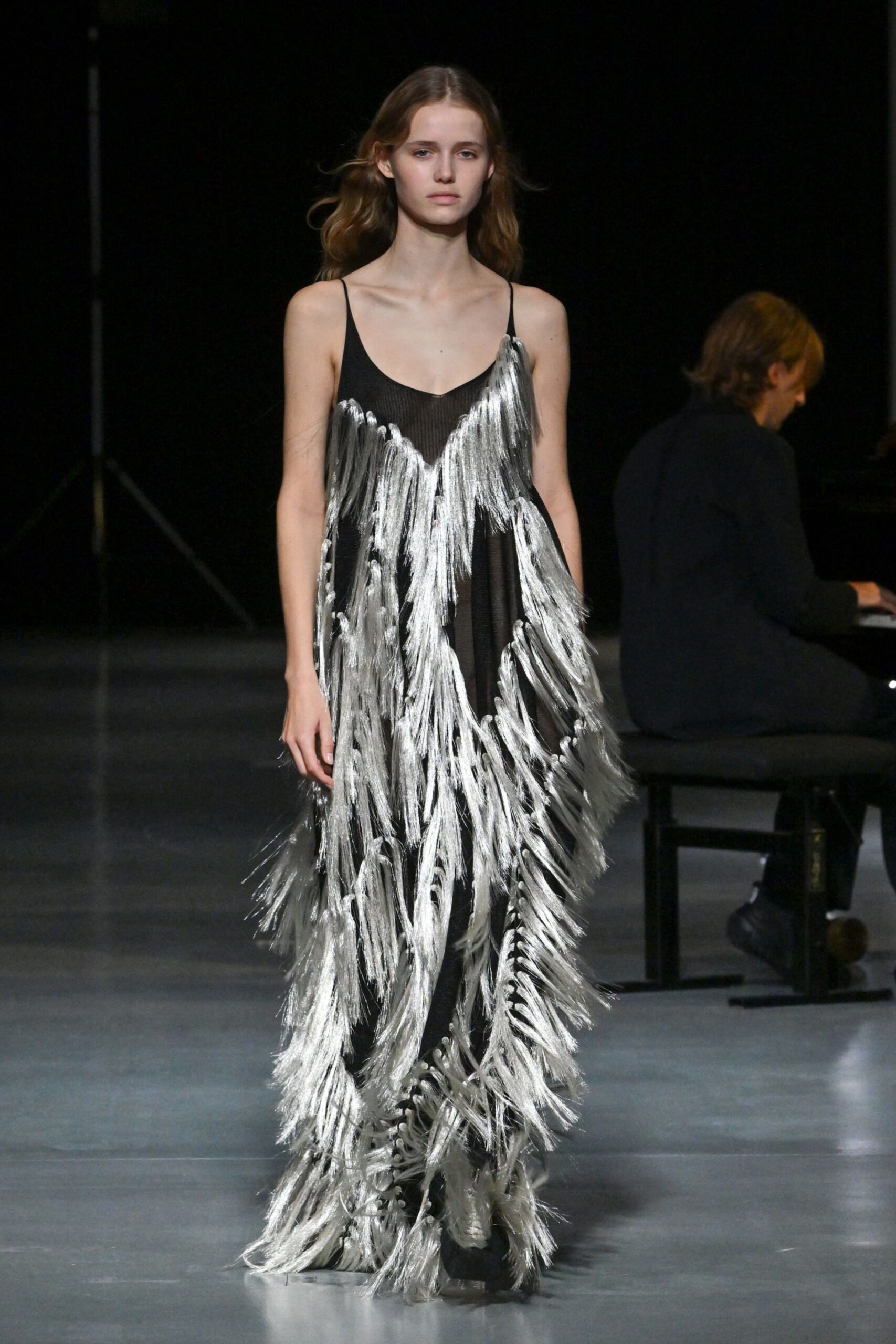 black silk fringed maxi dress