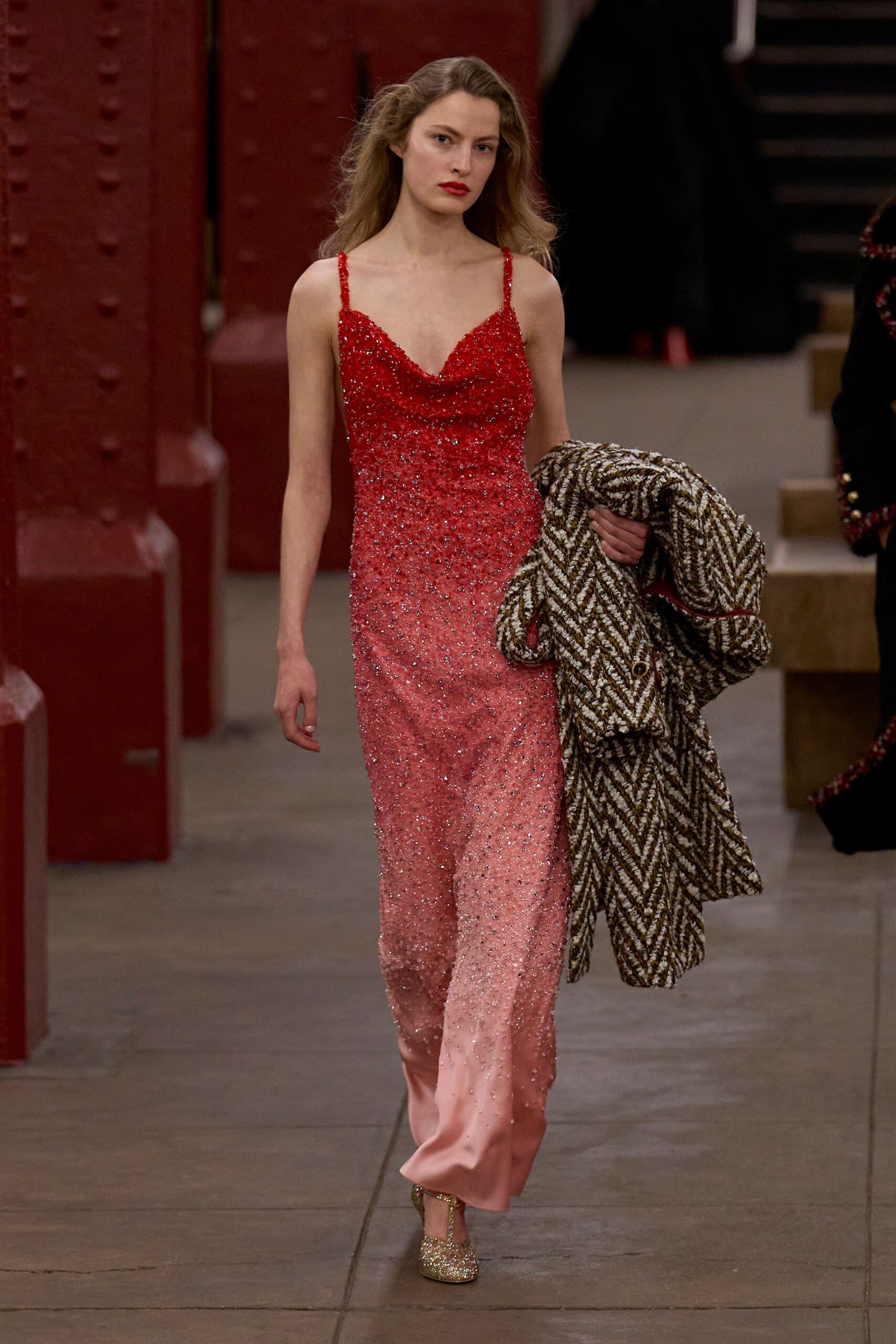 red silk sleeveless v-neck fitted beaded ombre gown