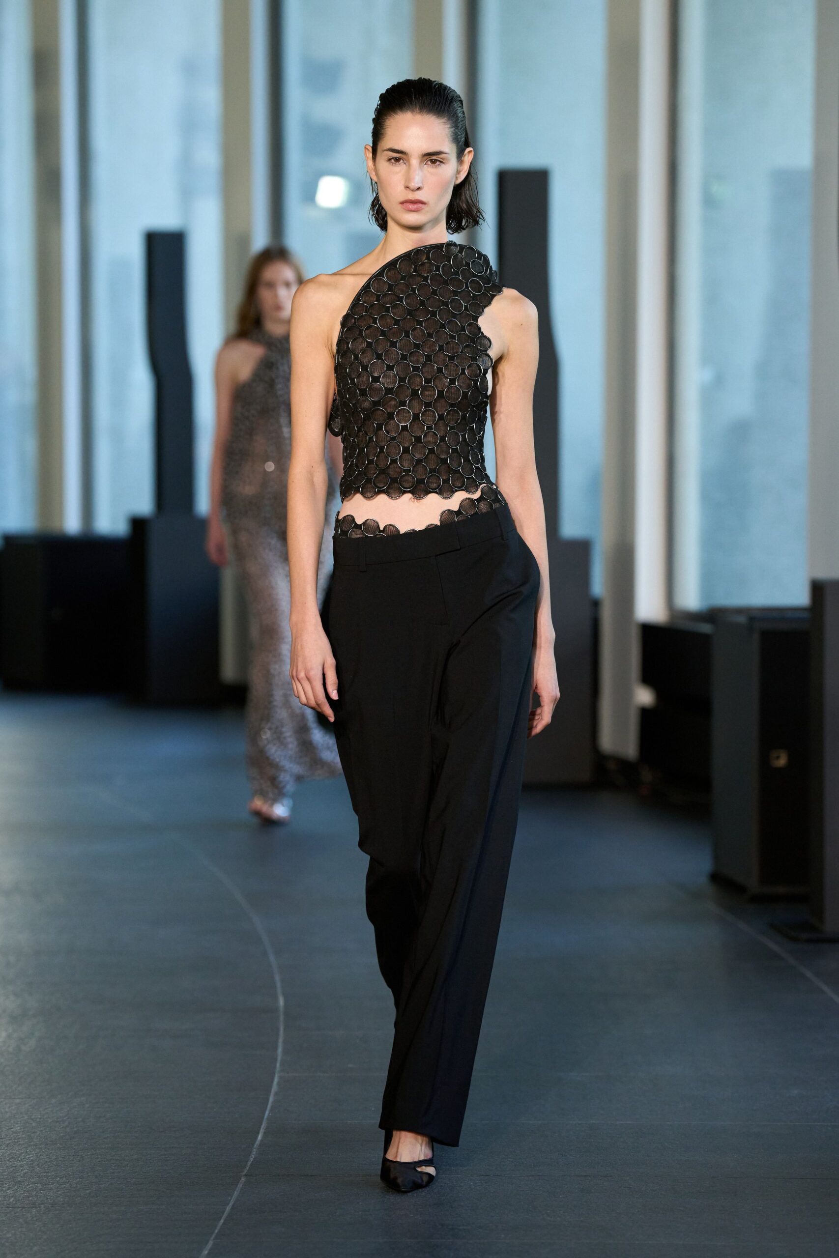 black fitted top with relaxed pants