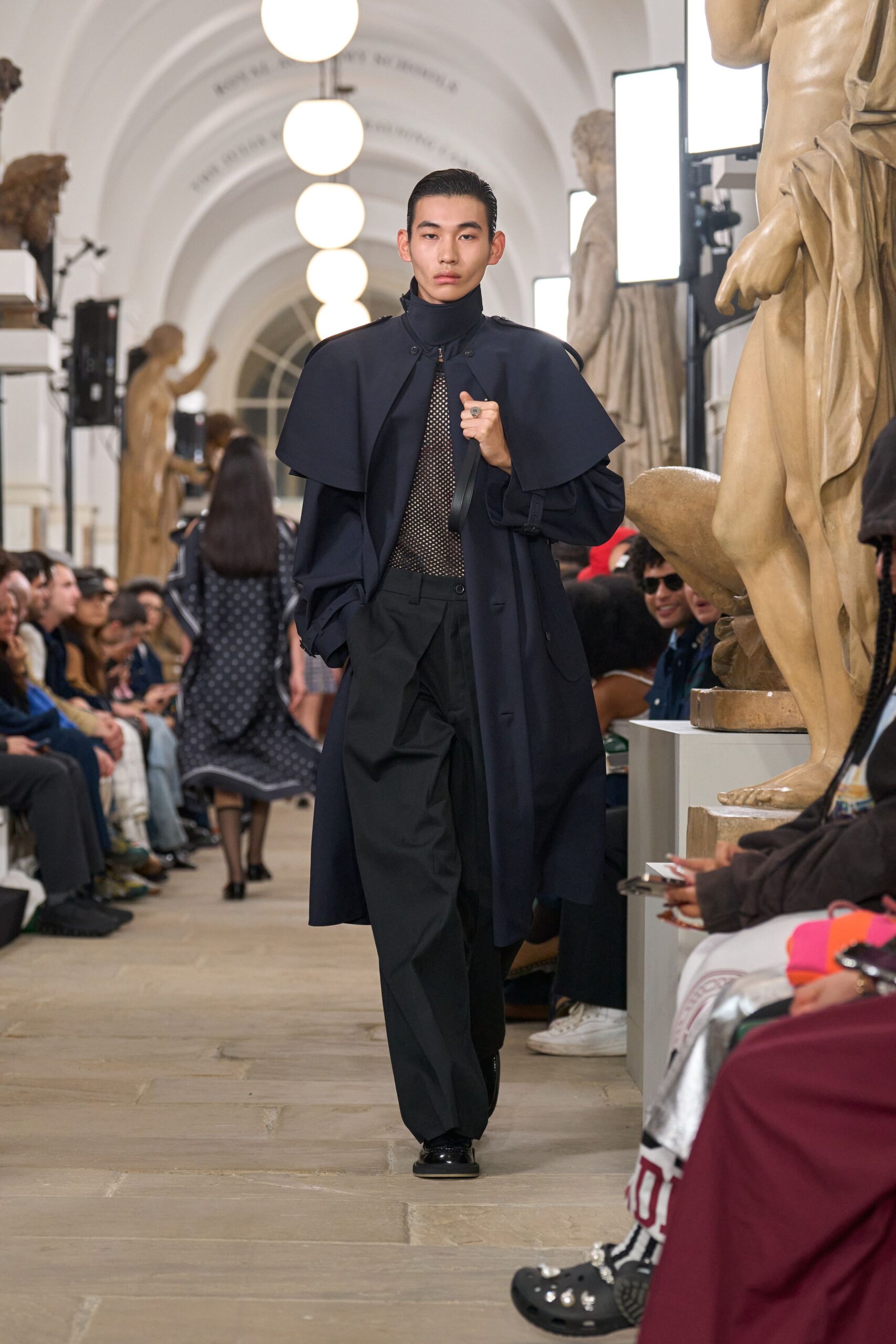 navy wool coat with black shirt