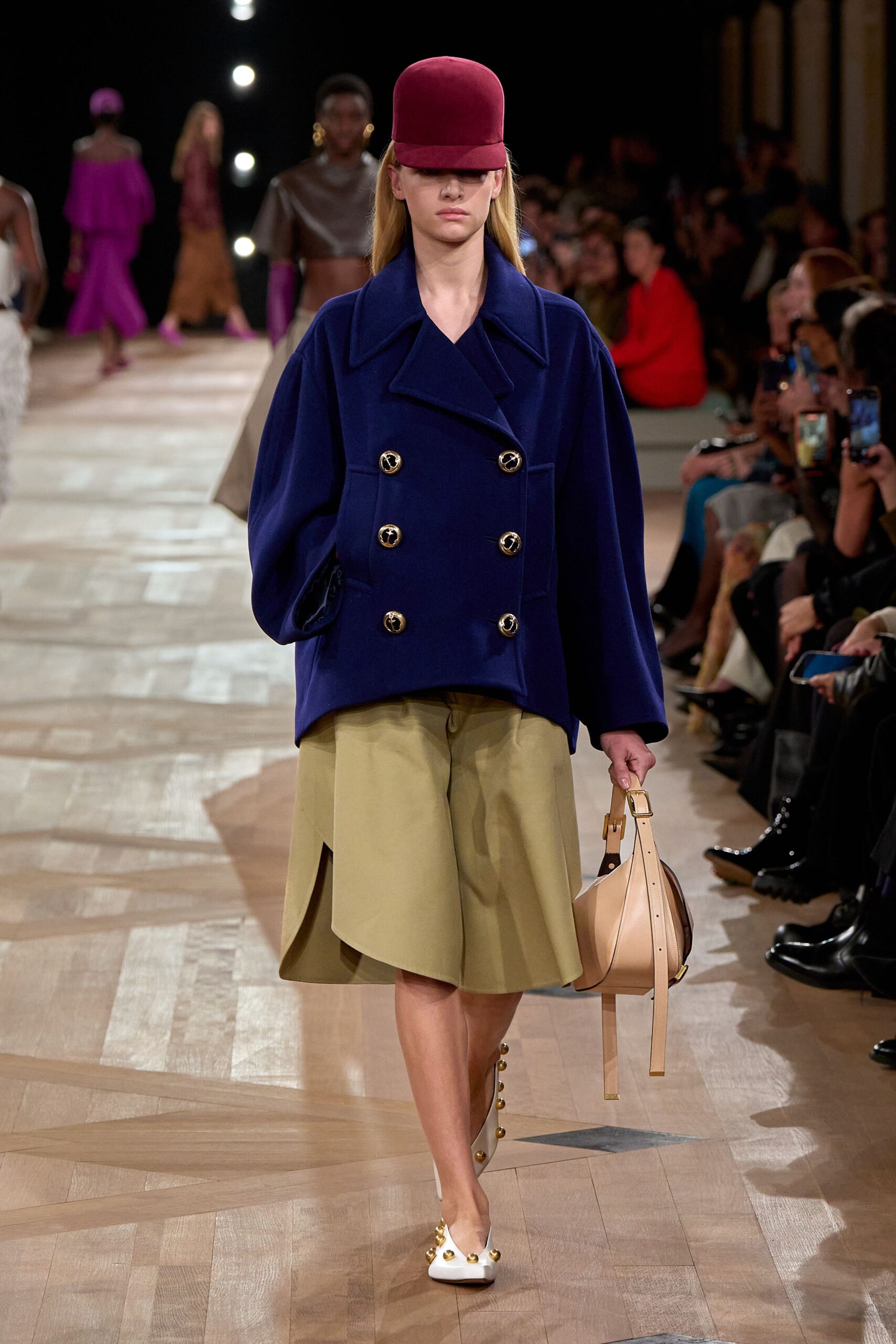 blue wool long-sleeve double-breasted structured buttoned coat