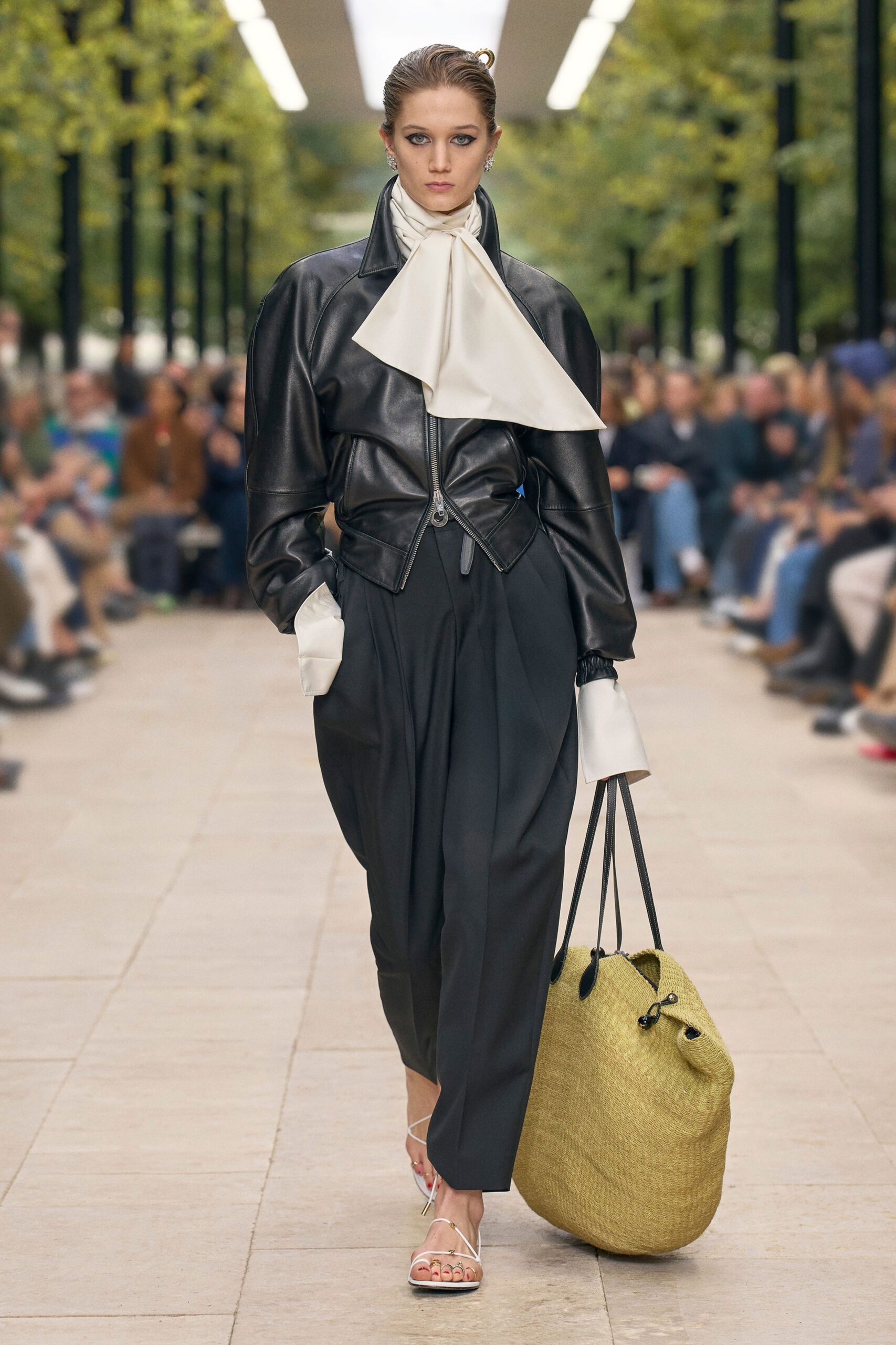 black leather fitted jacket with pleated pants