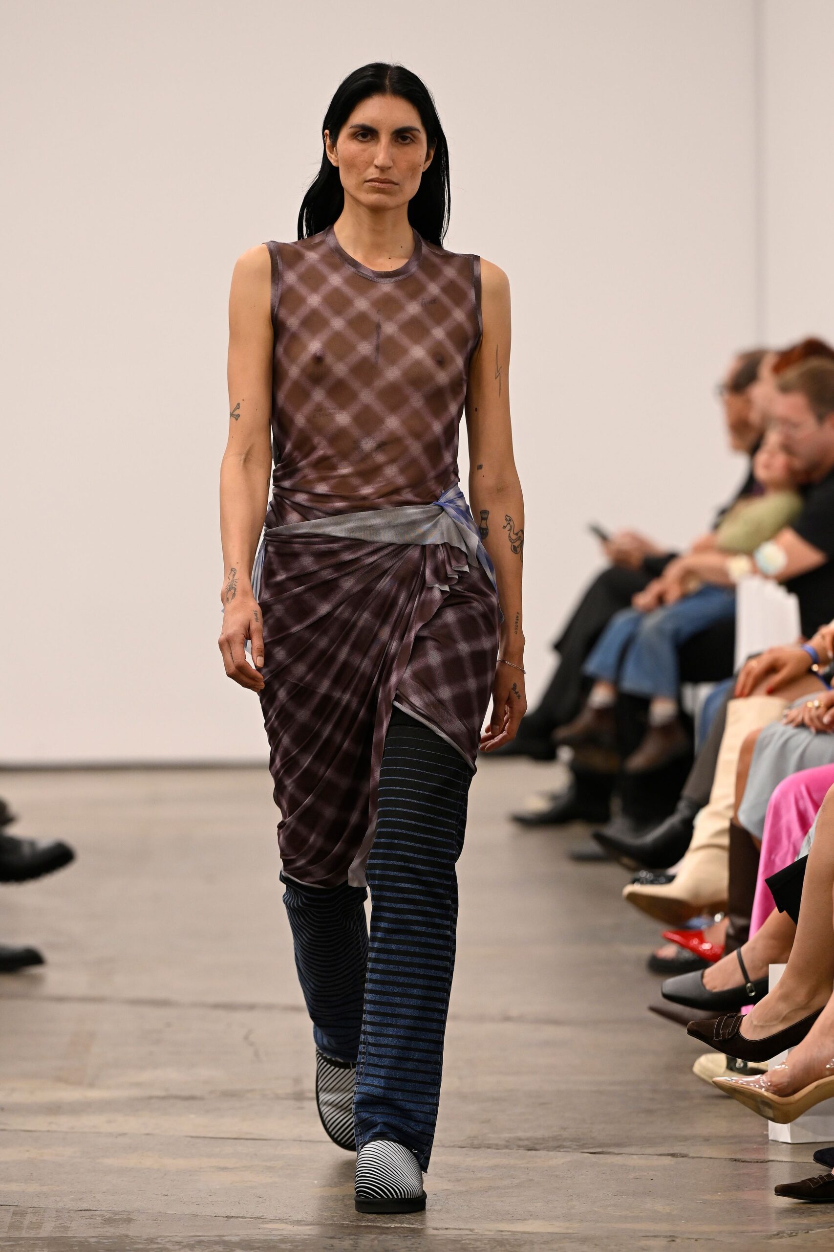 purple silk sleeveless v-neck fitted checked sheer top