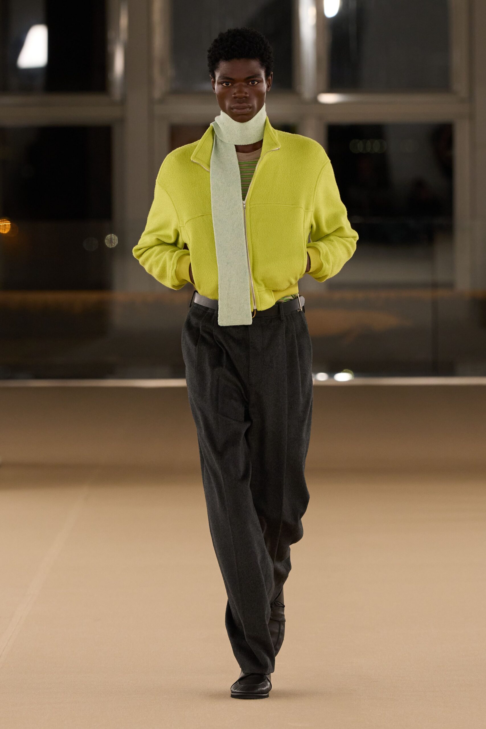 green relaxed shirt gray tailored pants