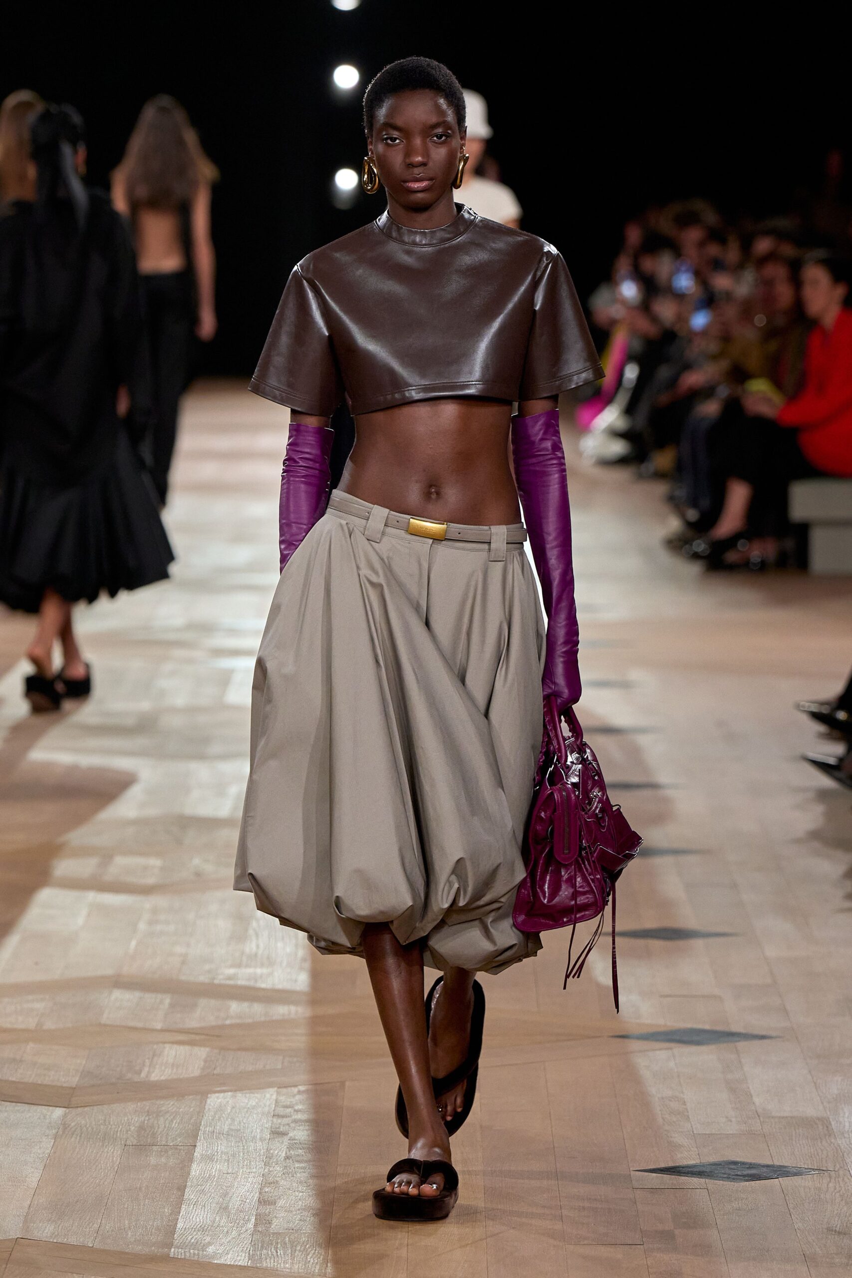 brown leather fitted top gray pleated skirt