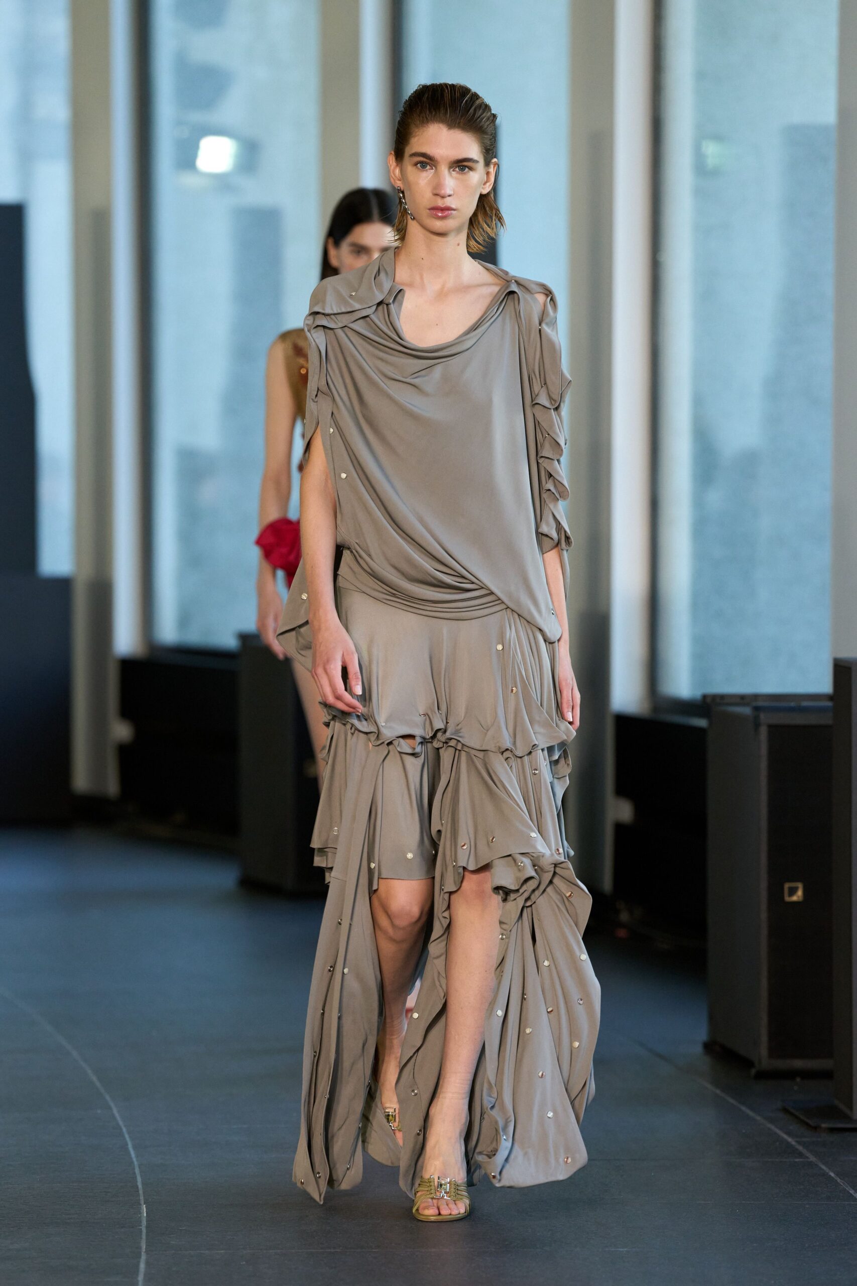 gray silk sleeveless v-neck relaxed ruffled layered dress