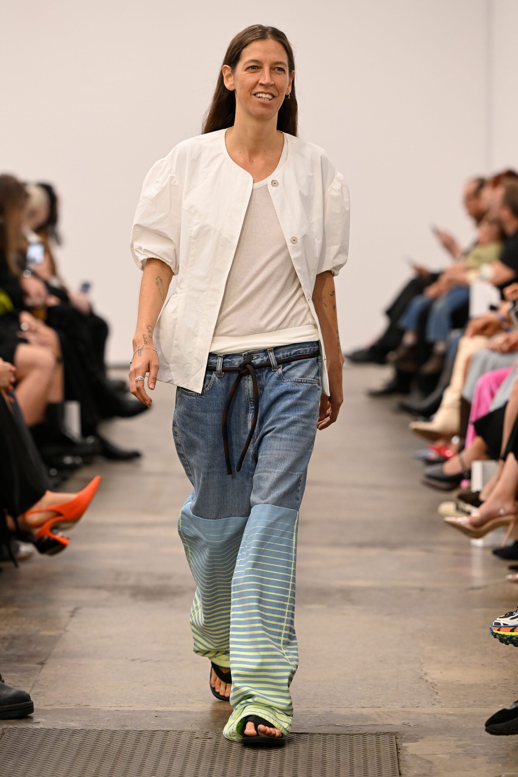 white relaxed jacket with flared pants