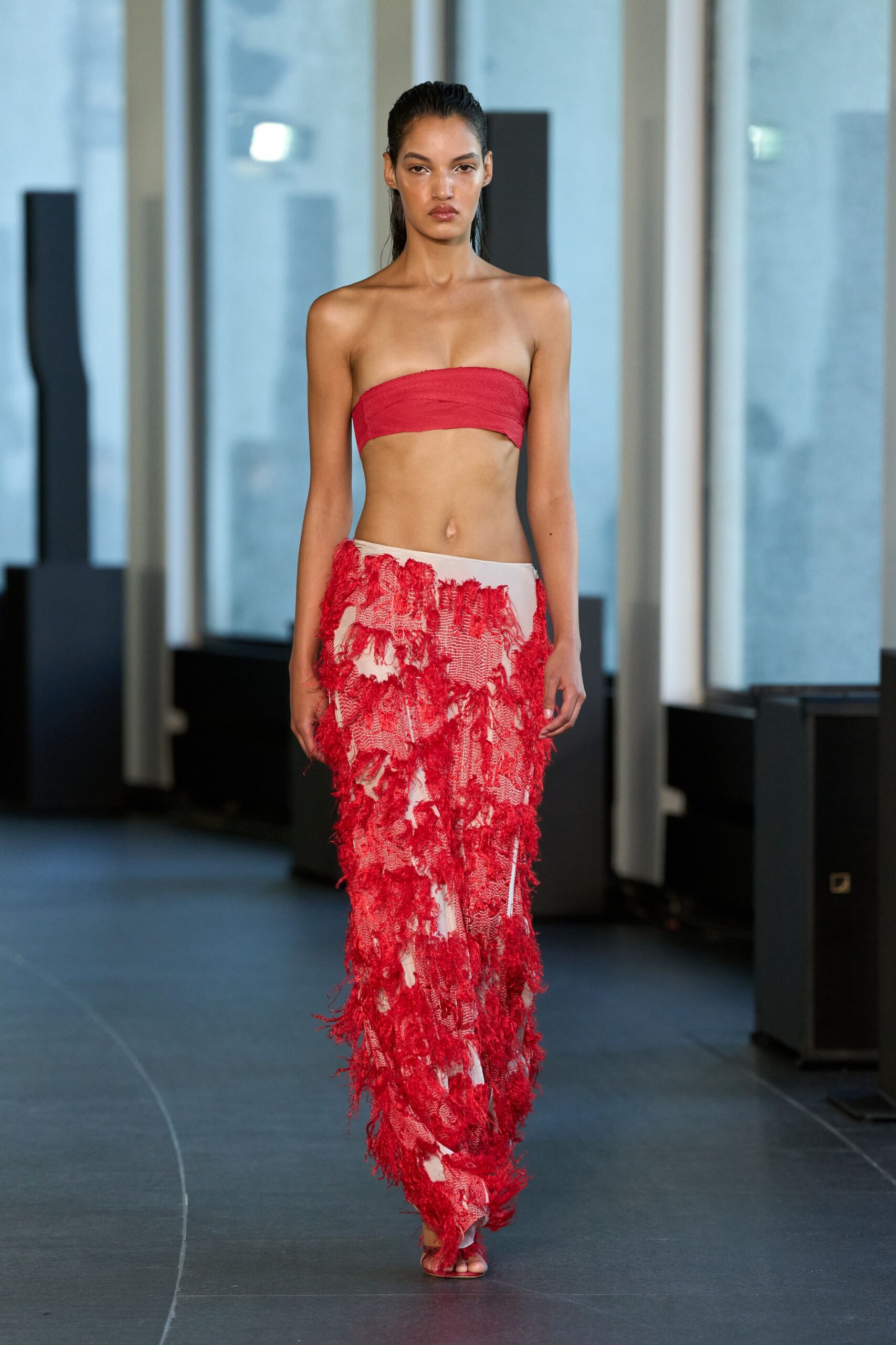 red silk strapless fitted fringed maxi dress