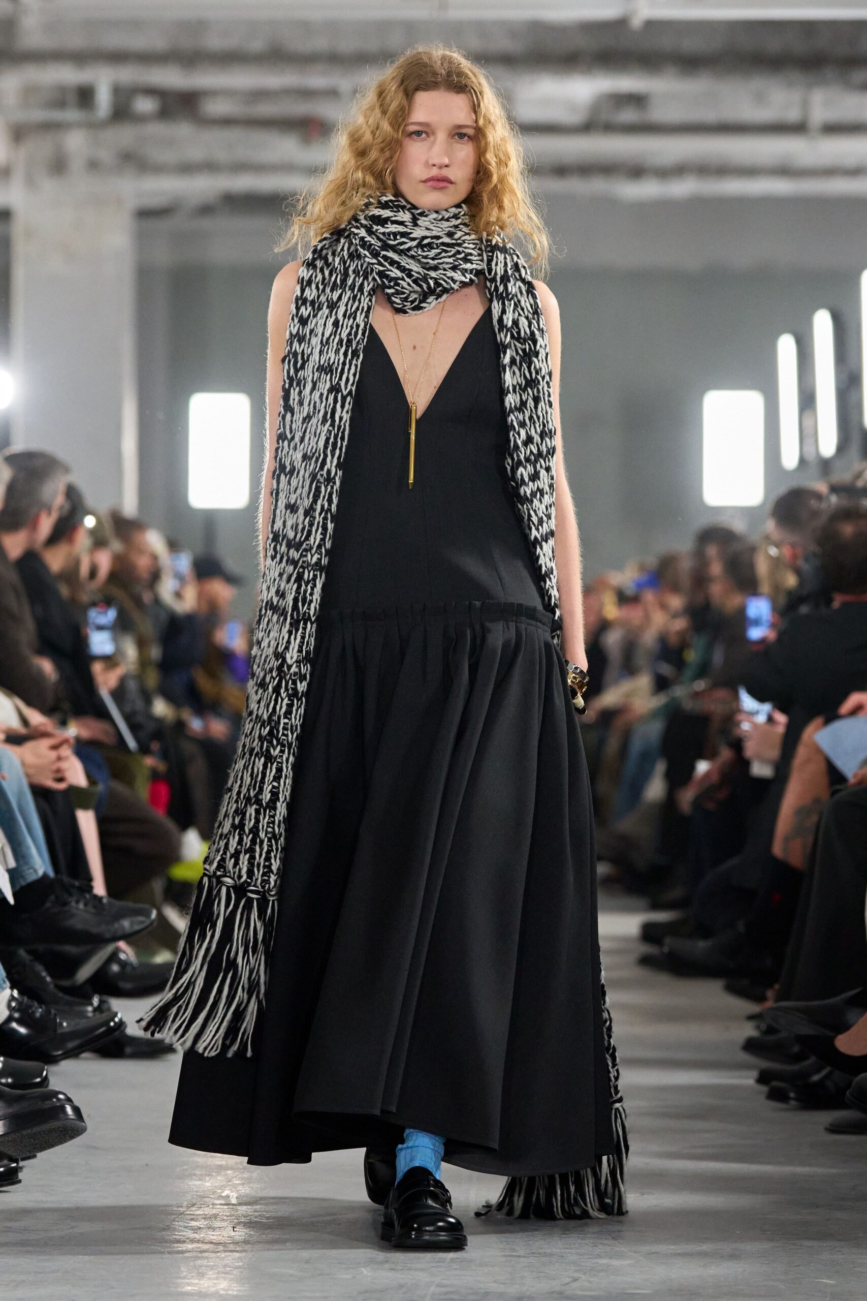black sleeveless midi dress with scarf