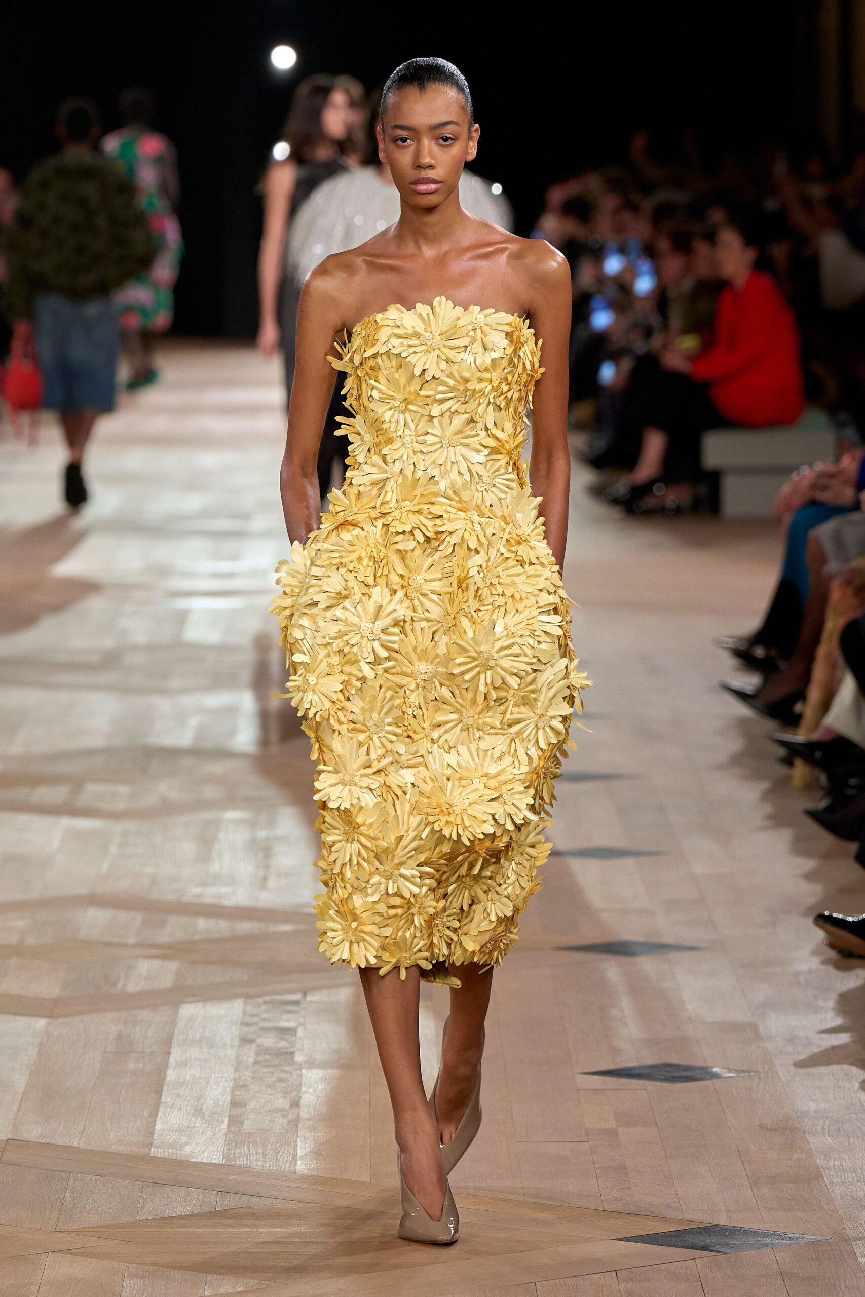yellow silk strapless fitted embellished midi dress