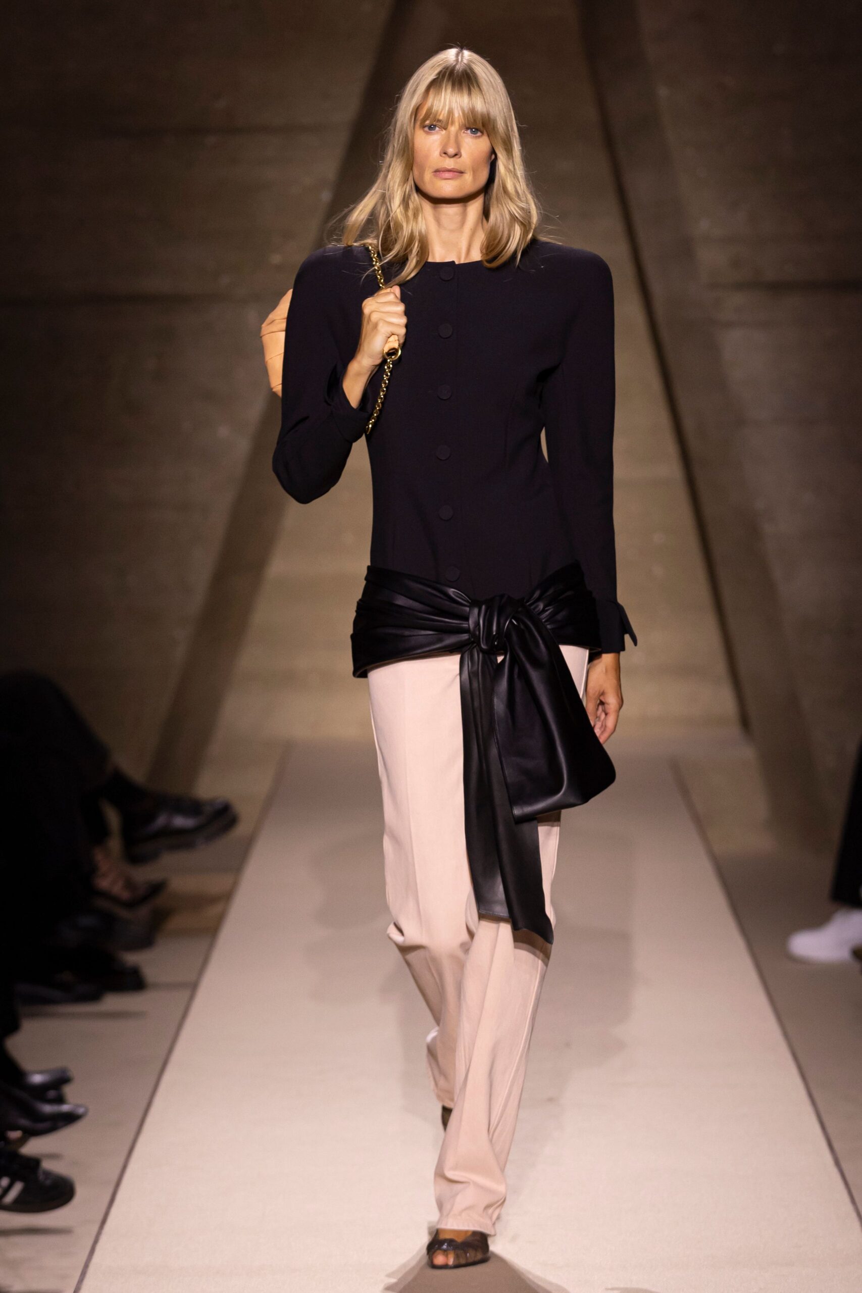 black blazer beige tailored pants